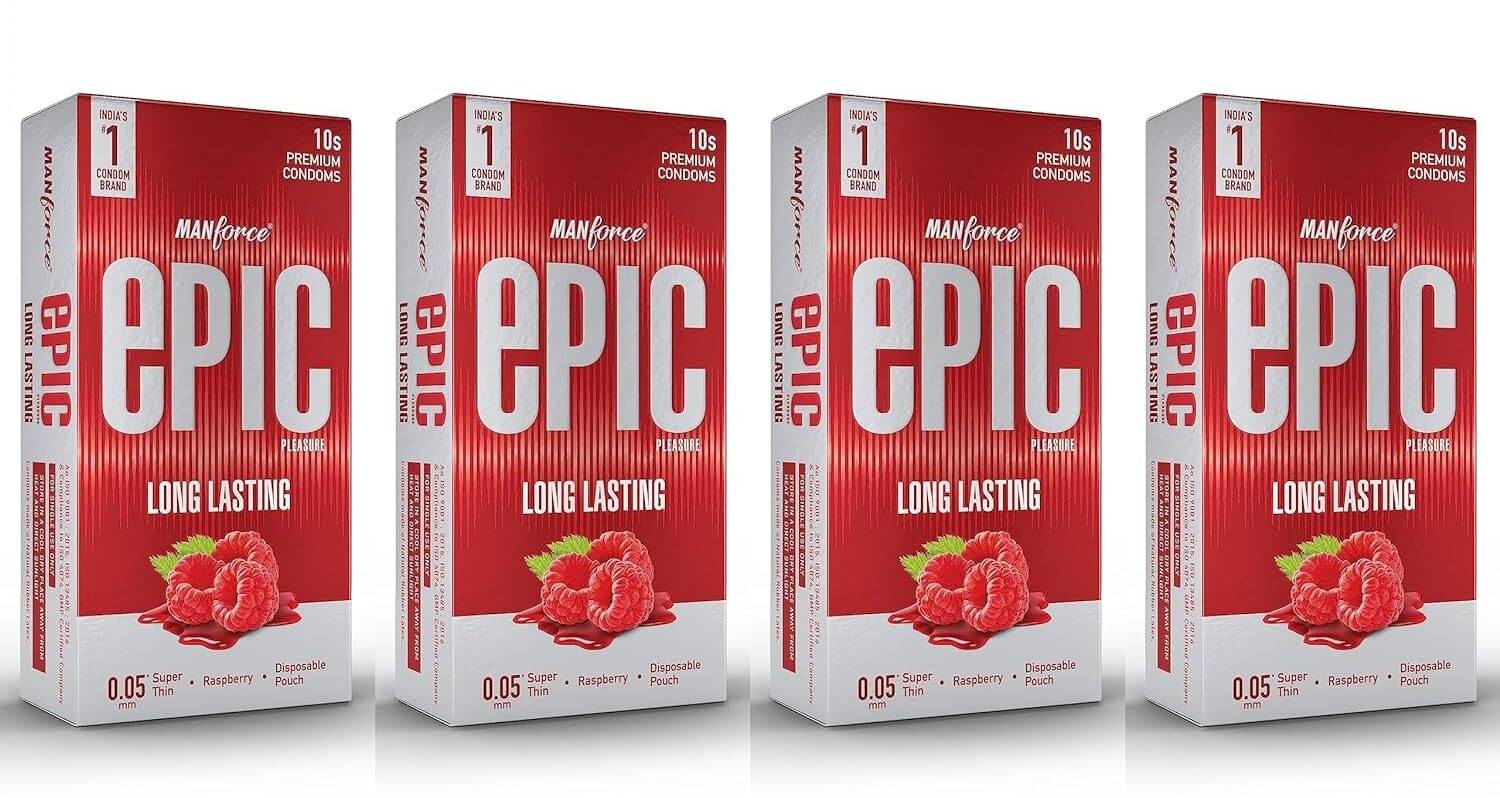 Manforce Epic Pleasure Long Lasting Premium Condoms for Men Super Thin Raspberry Flavour Disposable Pouch (10 Counts) x Pack of 4 Manforce Epic Pleasure Long Lasting Premium Condoms for Men Super Thin Raspberry Flavour Disposable Pouch (10 Counts) x Pack of 4