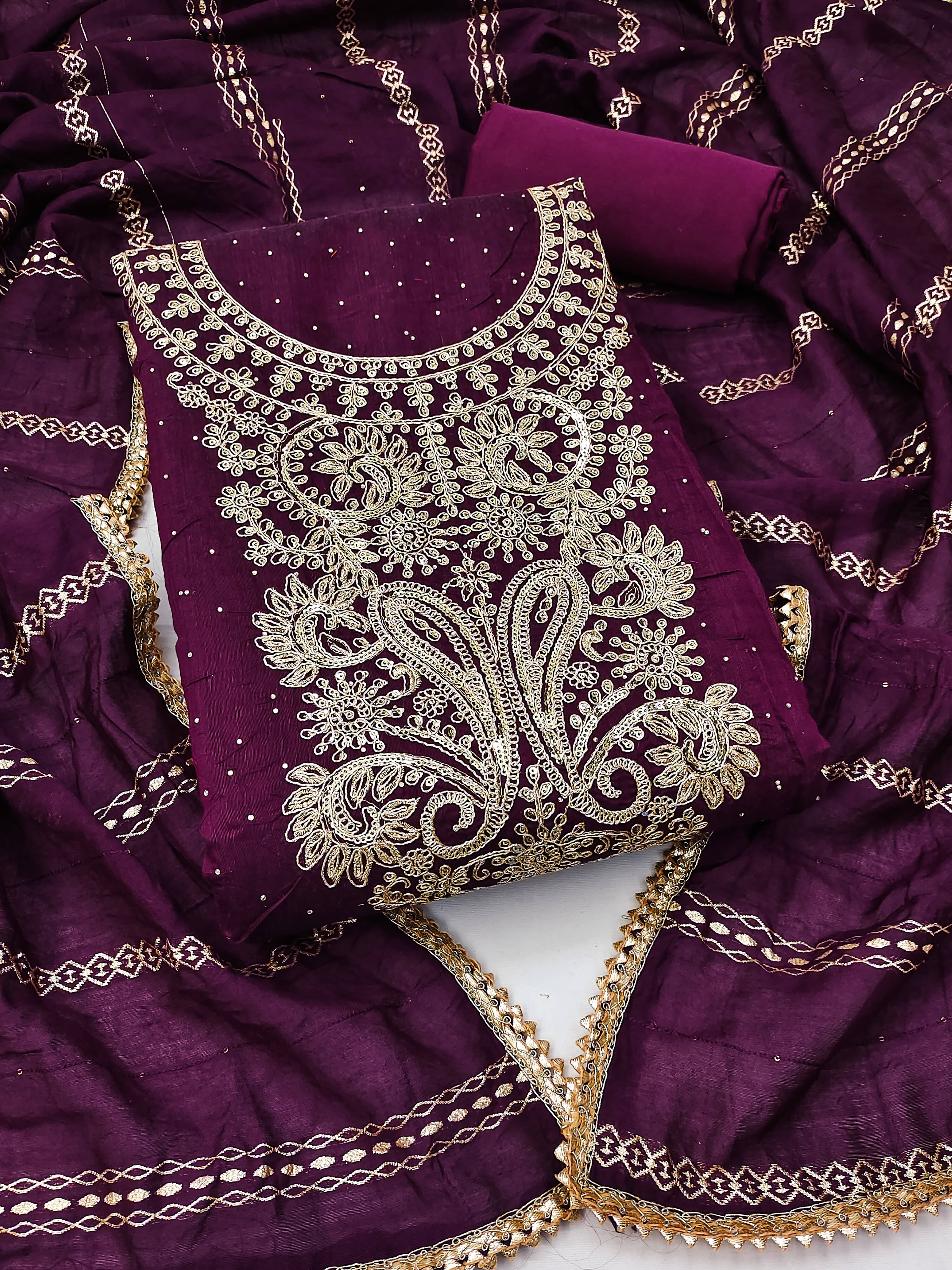     			Nayanthara Trends Unstitched Chanderi Embellished Dress Material - Purple ( Pack of 1 )
