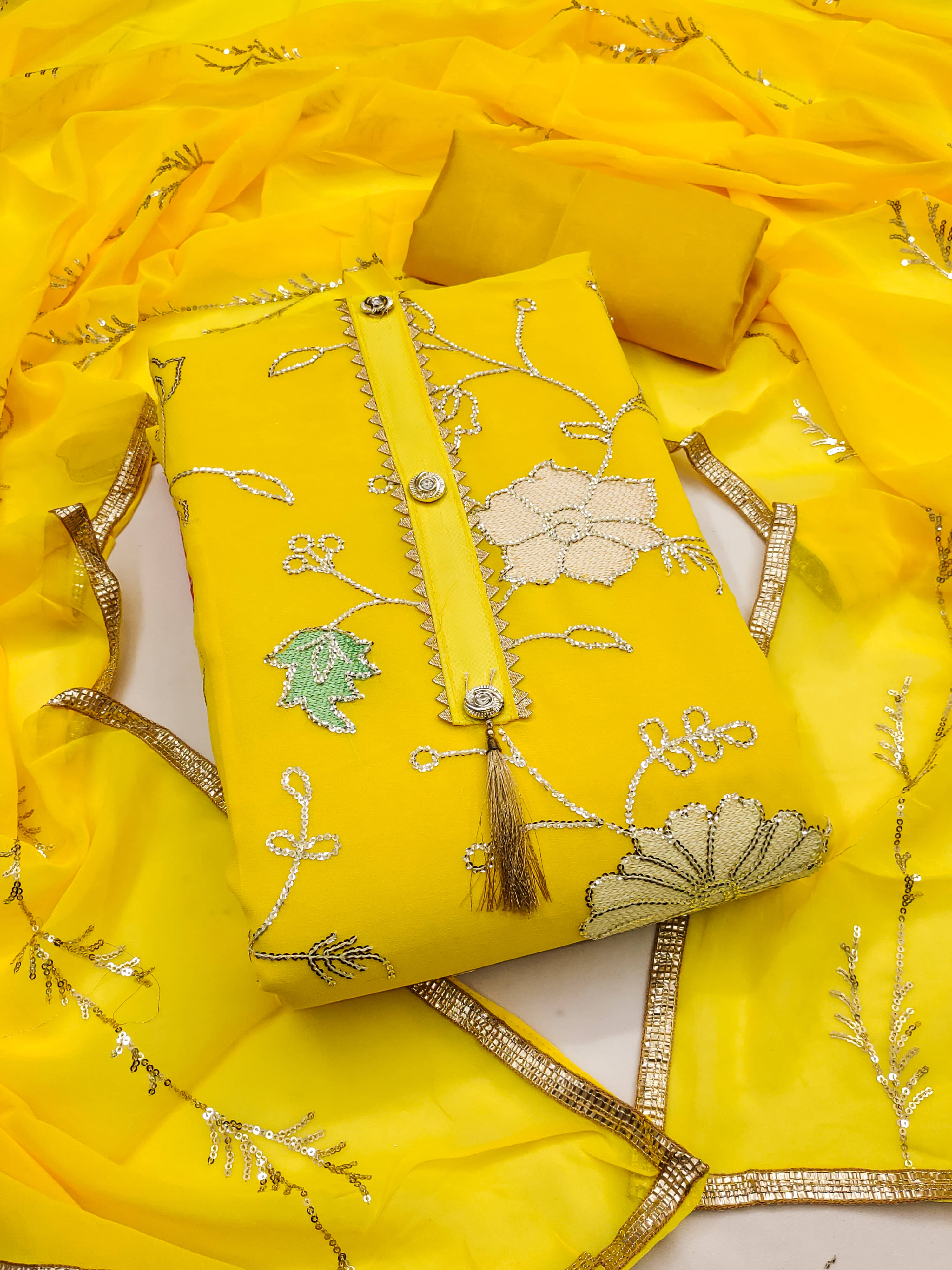     			Nayanthara Trends Unstitched Georgette Embellished Dress Material - Yellow ( Pack of 1 )