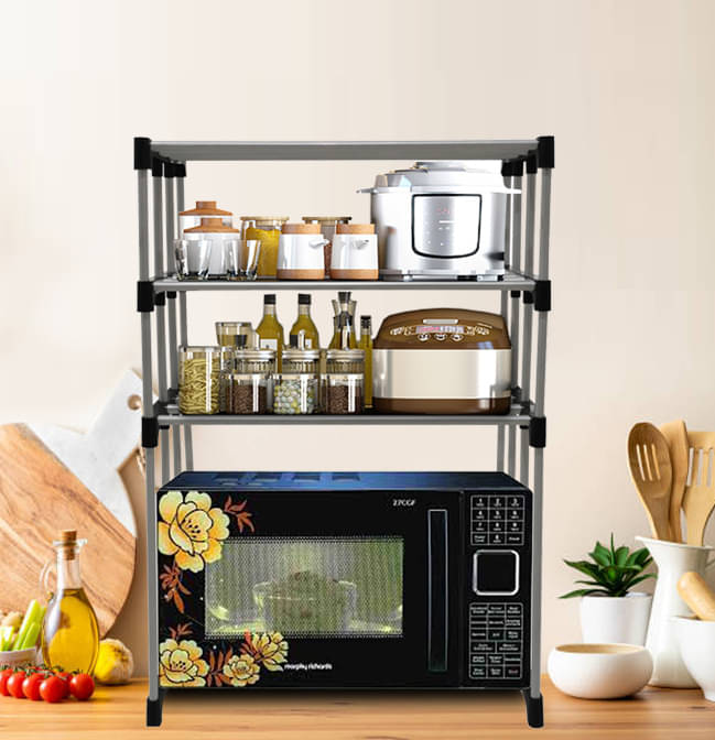 RMERCHANTS 3 Layer Metal Microwave Stand Adjustable Kitchen Storage Rack for Microwave Oven (Black)     			RMERCHANTS 3 Layer Metal Microwave Stand Adjustable Kitchen Storage Rack for Microwave Oven (Black)