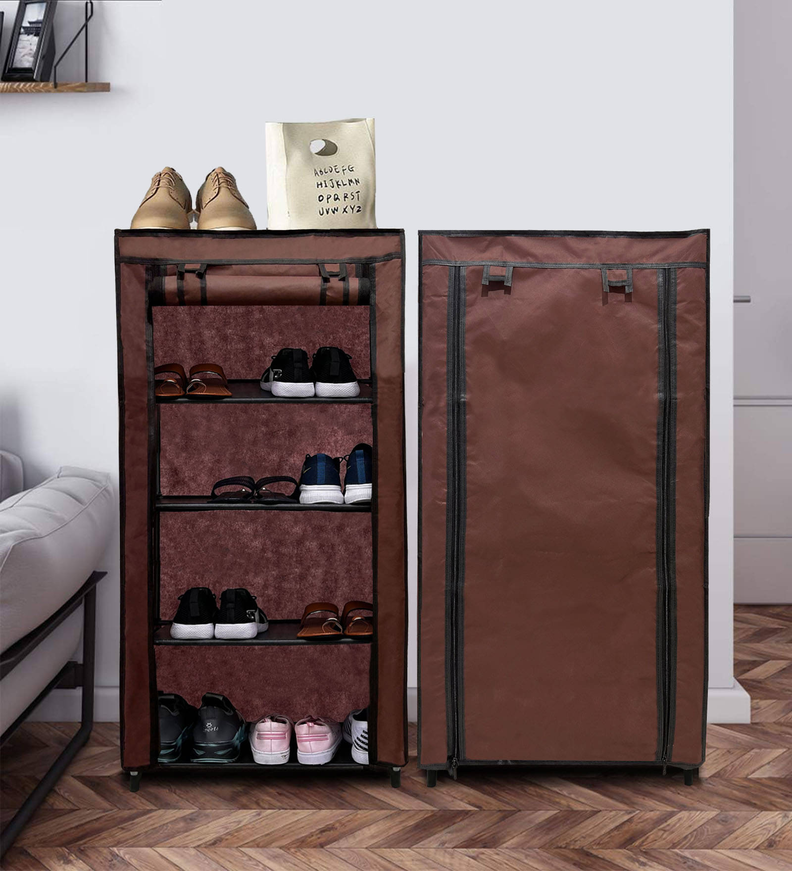 RMRCHANTS 4 Layer Metal Shoe Rack Stand with Cover Shoe Organiser for Home & Office (Brown) RMRCHANTS 4 Layer Metal Shoe Rack Stand with Cover Shoe Organiser for Home & Office (Brown)