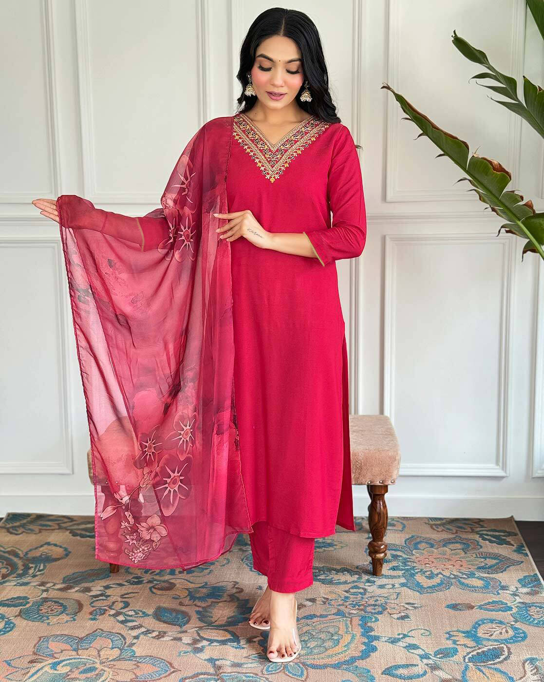 Trijal Fab Cotton Silk Embroidered Kurti With Pants Women's Stitched Salwar Suit - Pink ( Pack of 1 )     			Trijal Fab Cotton Silk Embroidered Kurti With Pants Women's Stitched Salwar Suit - Pink ( Pack of 1 )