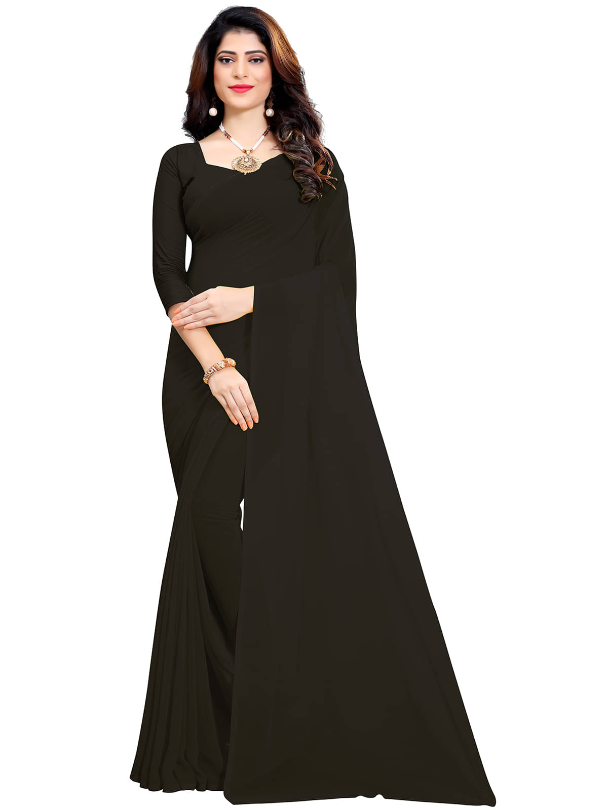     			fancynine Georgette Solid Saree With Unstitched Blouse Piece ( Black )