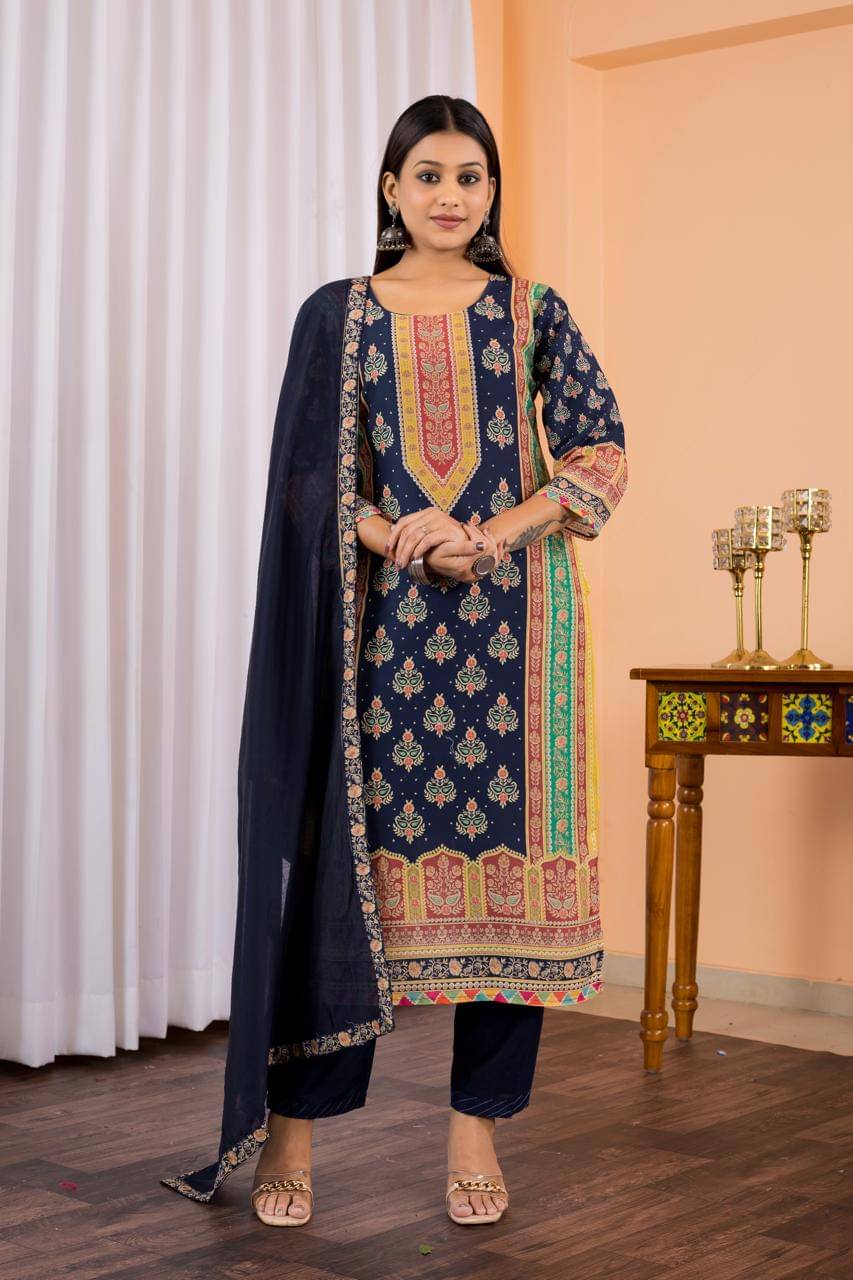     			fvd Chanderi Printed Kurti With Pants Women's Stitched Salwar Suit - Blue ( Pack of 1 )