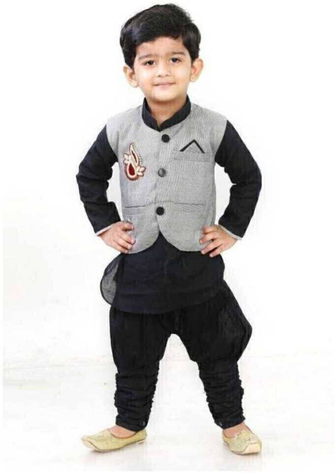 hrr Boys Cotton Blend Ethnic - Pattern Kurta Pyjama Set ( Silver , Pack of 1 ) hrr Boys Cotton Blend Ethnic - Pattern Kurta Pyjama Set ( Silver , Pack of 1 )
