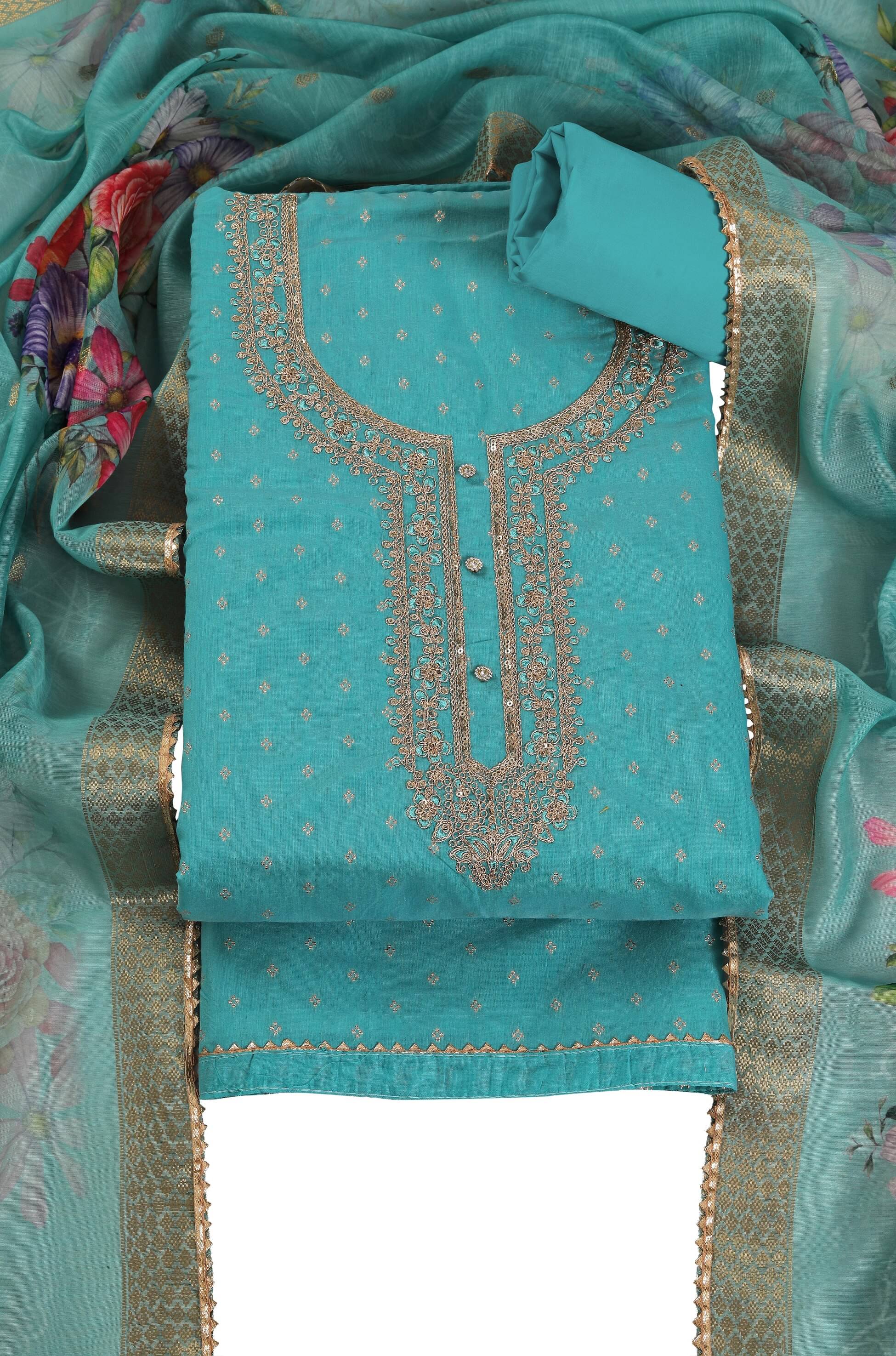 tavas Unstitched Chanderi Embroidered Dress Material - Blue ( Pack of 1 ) tavas Unstitched Chanderi Embroidered Dress Material - Blue ( Pack of 1 )