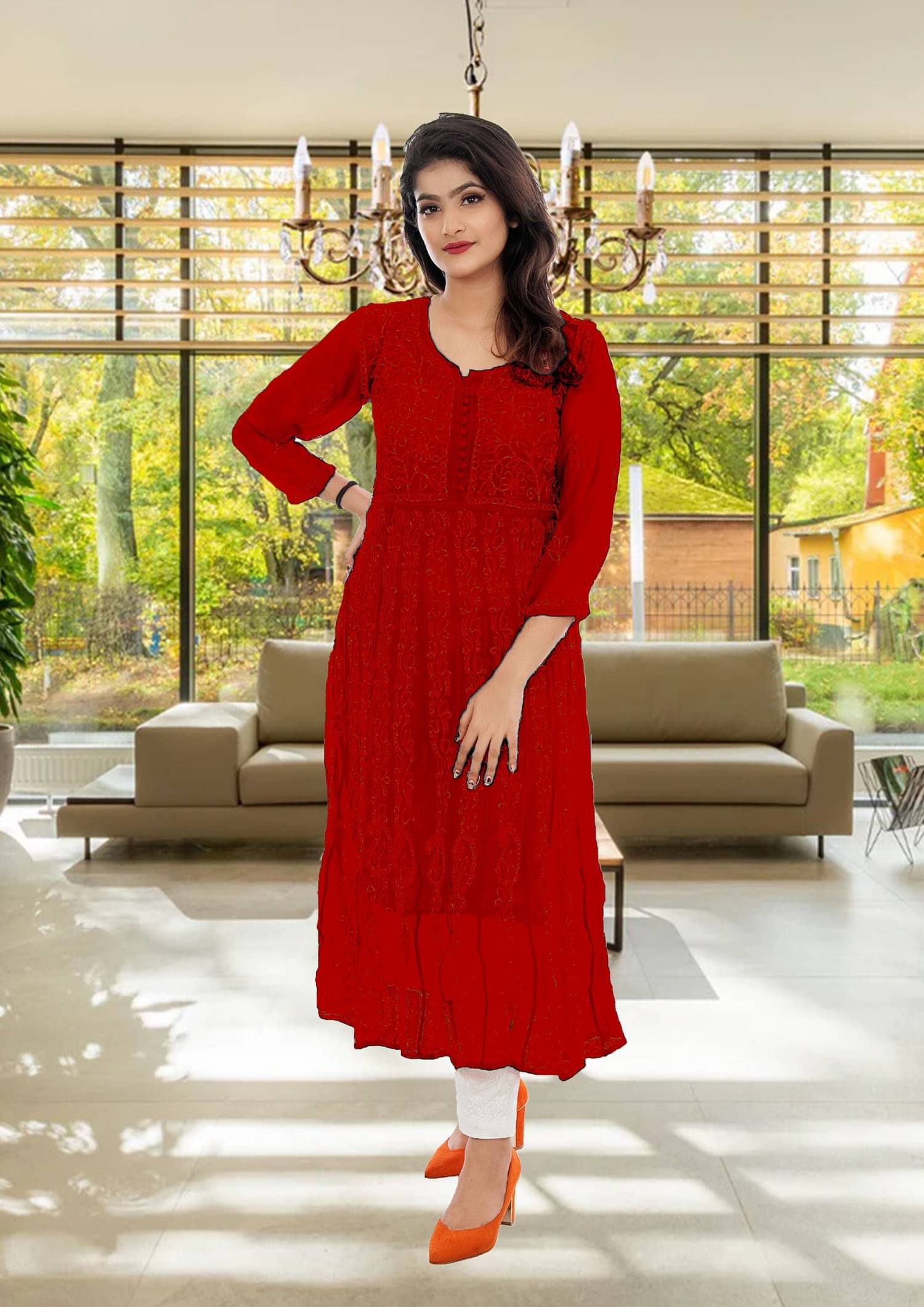 Adr Chikan Red Anarkali Georgette Women's Stitched Ethnic Gown ( Pack of 1 ) Adr Chikan Red Anarkali Georgette Women's Stitched Ethnic Gown ( Pack of 1 )