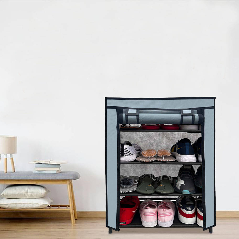     			BHIMADA 4 Layer Metal Shoe Rack Stand with Cover Shoe Organiser for Home & Office (Grey)