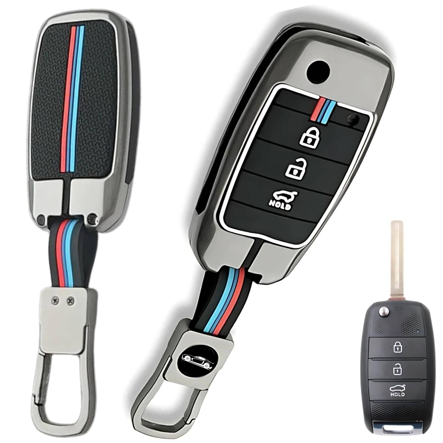     			BKN Premium Metal Soft Car Key Cover Shell with Keychain & Full Protection Compatible with Kia Seltos, Sonet, Carens | 3 Button Flip Remote Key Cover for Kia