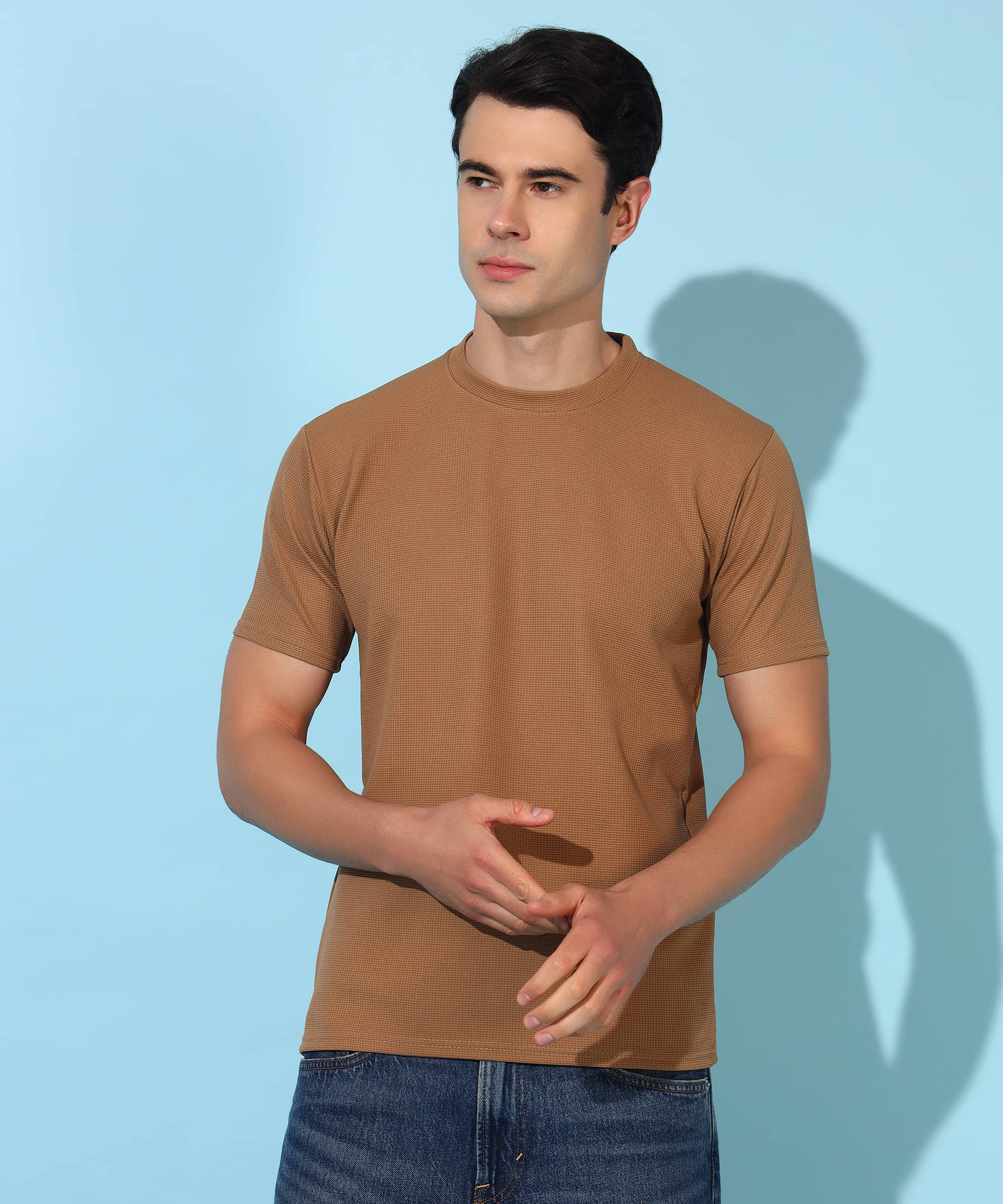 Christy World Polyester Regular Fit Self Design Half Sleeves Men's Round T-Shirt - Beige ( Pack of 1 ) Christy World Polyester Regular Fit Self Design Half Sleeves Men's Round T-Shirt - Beige ( Pack of 1 )