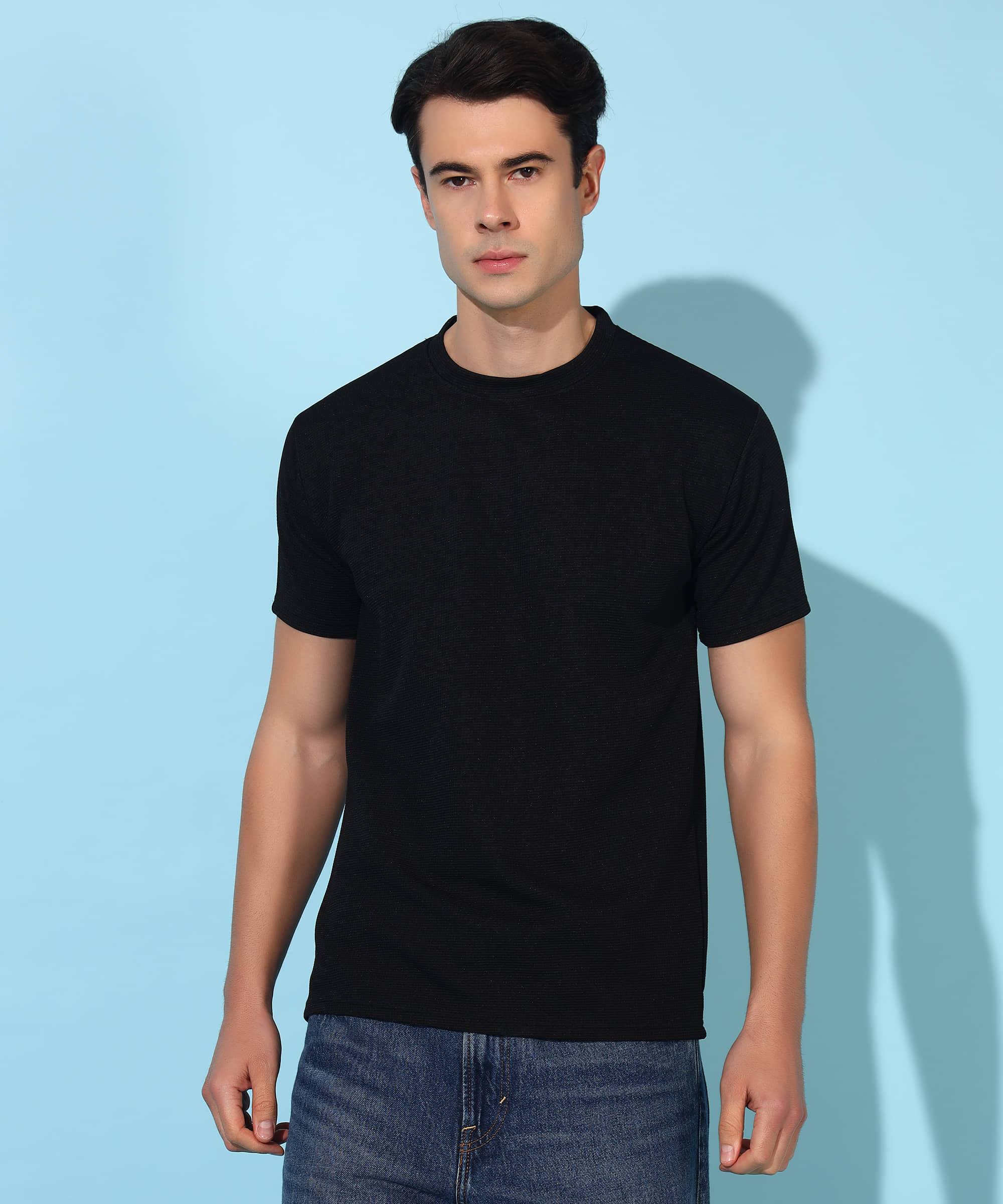 Christy World Polyester Regular Fit Self Design Half Sleeves Men's Round T-Shirt - Black ( Pack of 1 )