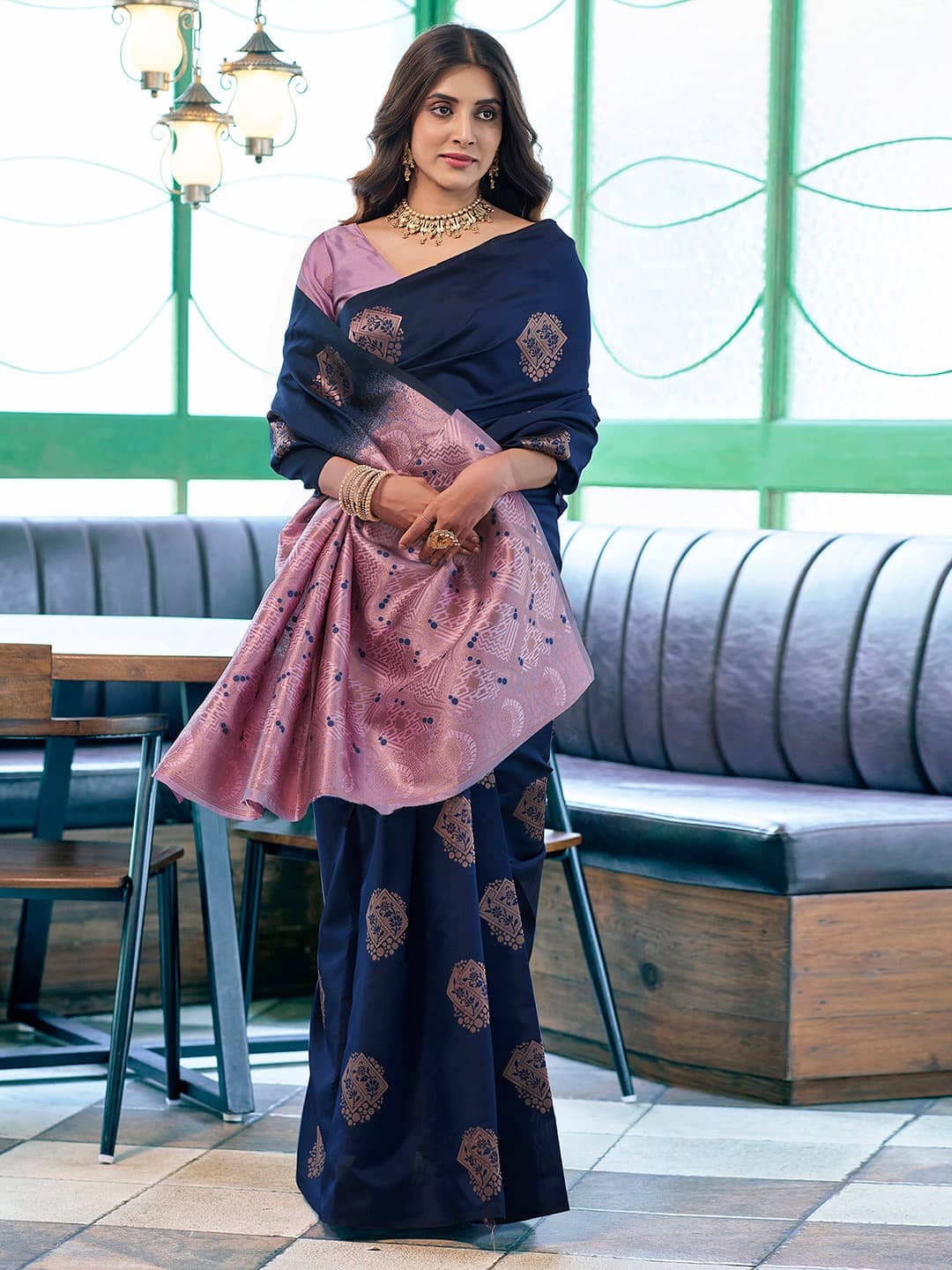 DIKONA DESIGNER Banarasi Silk Woven Saree With Unstitched Blouse Piece ( Blue ) - Sarees | Buy online on ZillyBuy