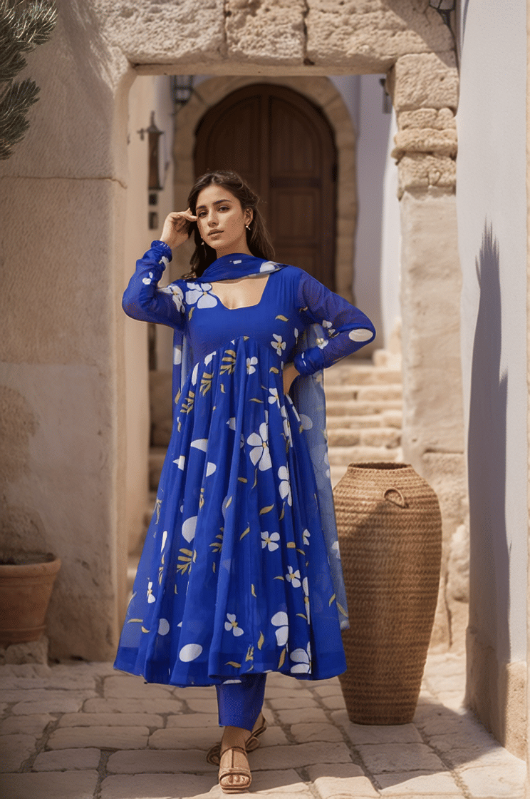 GREEN FLOWER Georgette Printed Kurti With Pants Women's Stitched Salwar Suit - Blue ( Pack of 1 ) GREEN FLOWER Georgette Printed Kurti With Pants Women's Stitched Salwar Suit - Blue ( Pack of 1 )
