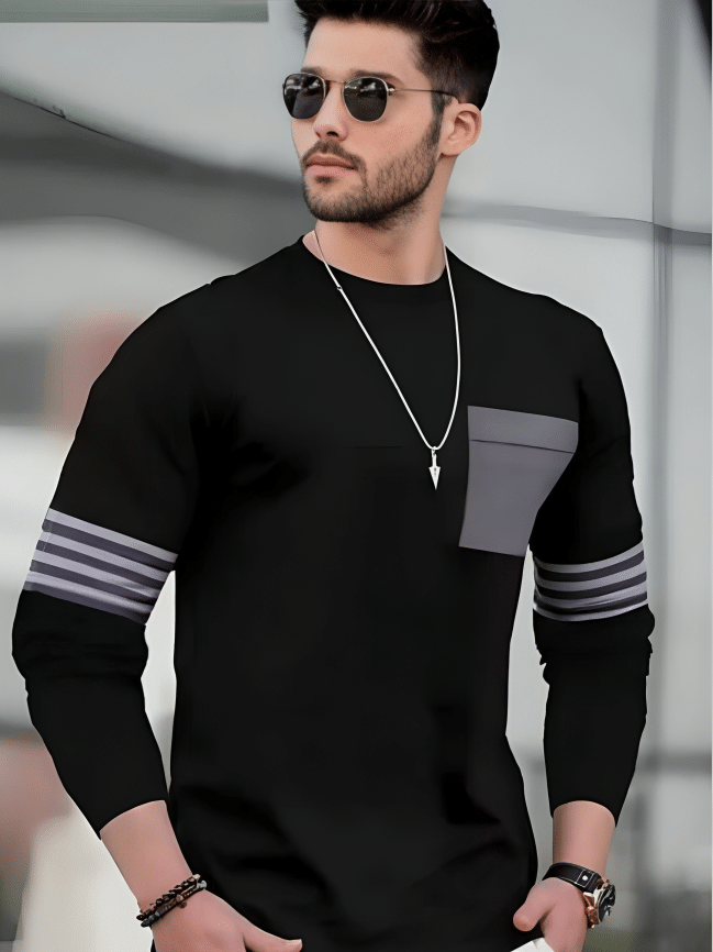     			Garimaknitwear Cotton Blend Regular Fit Striped Full Sleeves Men's Round T-Shirt - Black ( Pack of 1 )