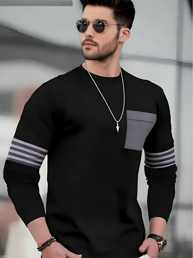 Garimaknitwear Cotton Blend Regular Fit Striped Full Sleeves Men's Round T-Shirt - Black ( Pack of 1 )