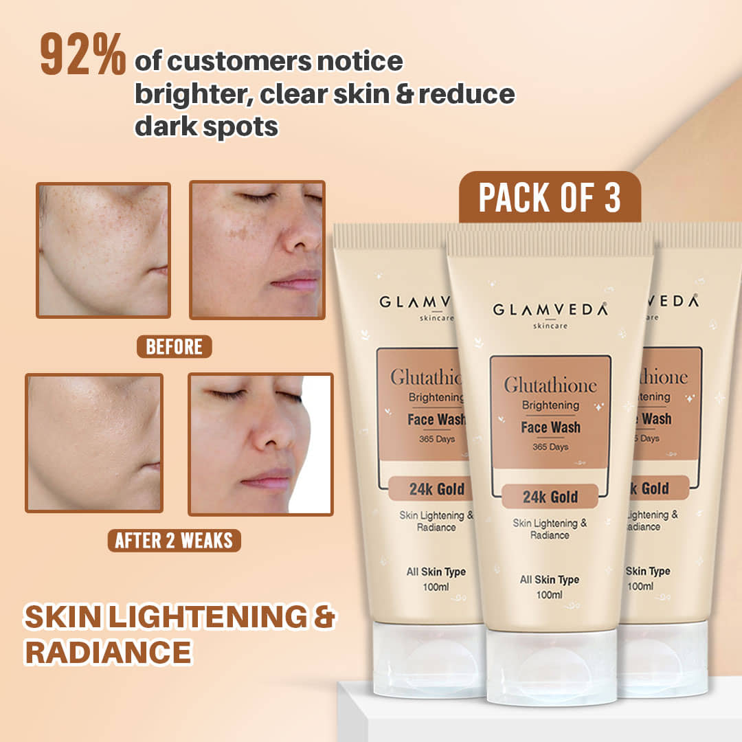Glamveda Glutathione 24K Gold Face WashSkin Brightening Natural Radiance, 100ml each (Pack of 3)