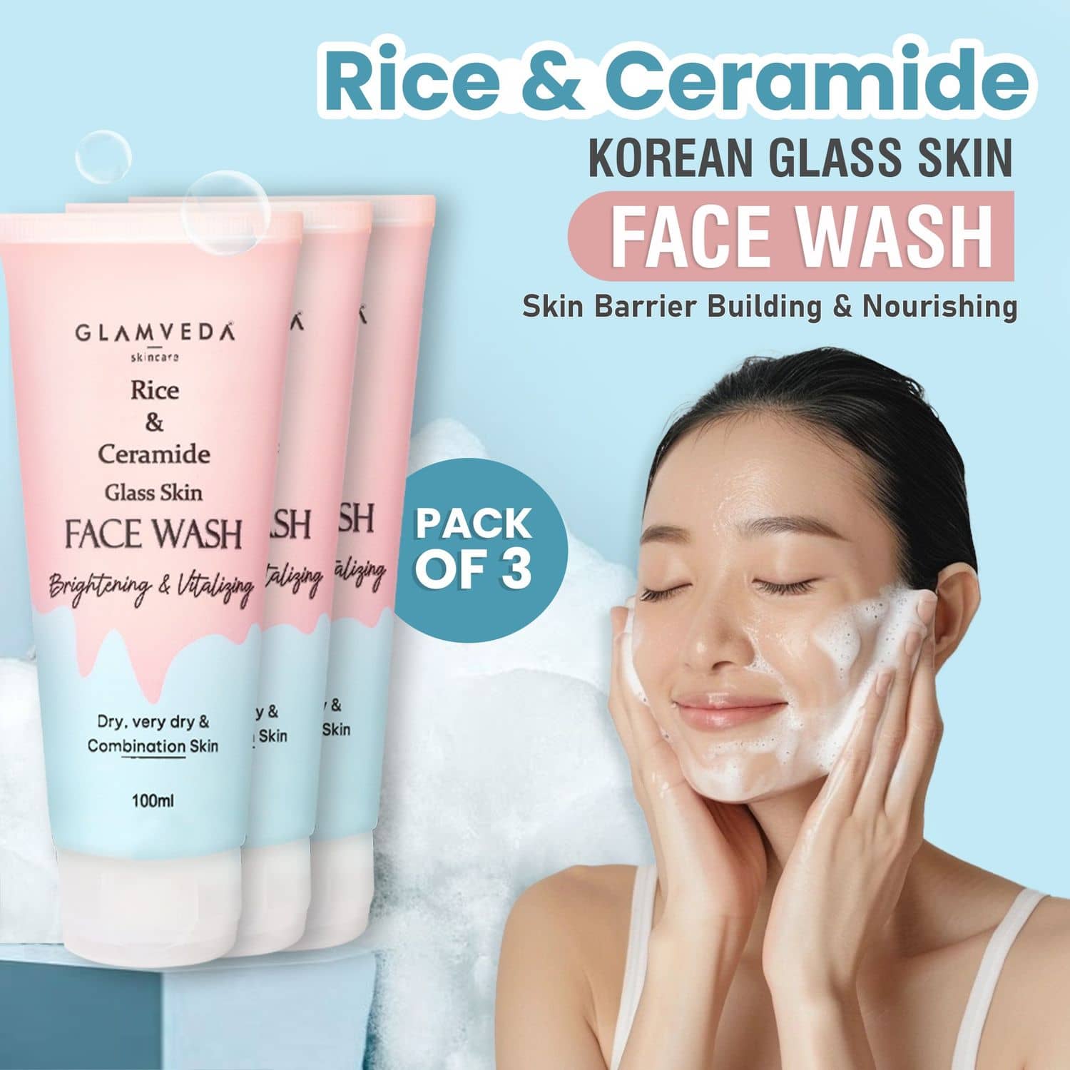 Glamveda Rice & Ceramide Korean Glass Skin Face Wash Cleanses & Brightens Facewash , 100ml each (Pack of 3)