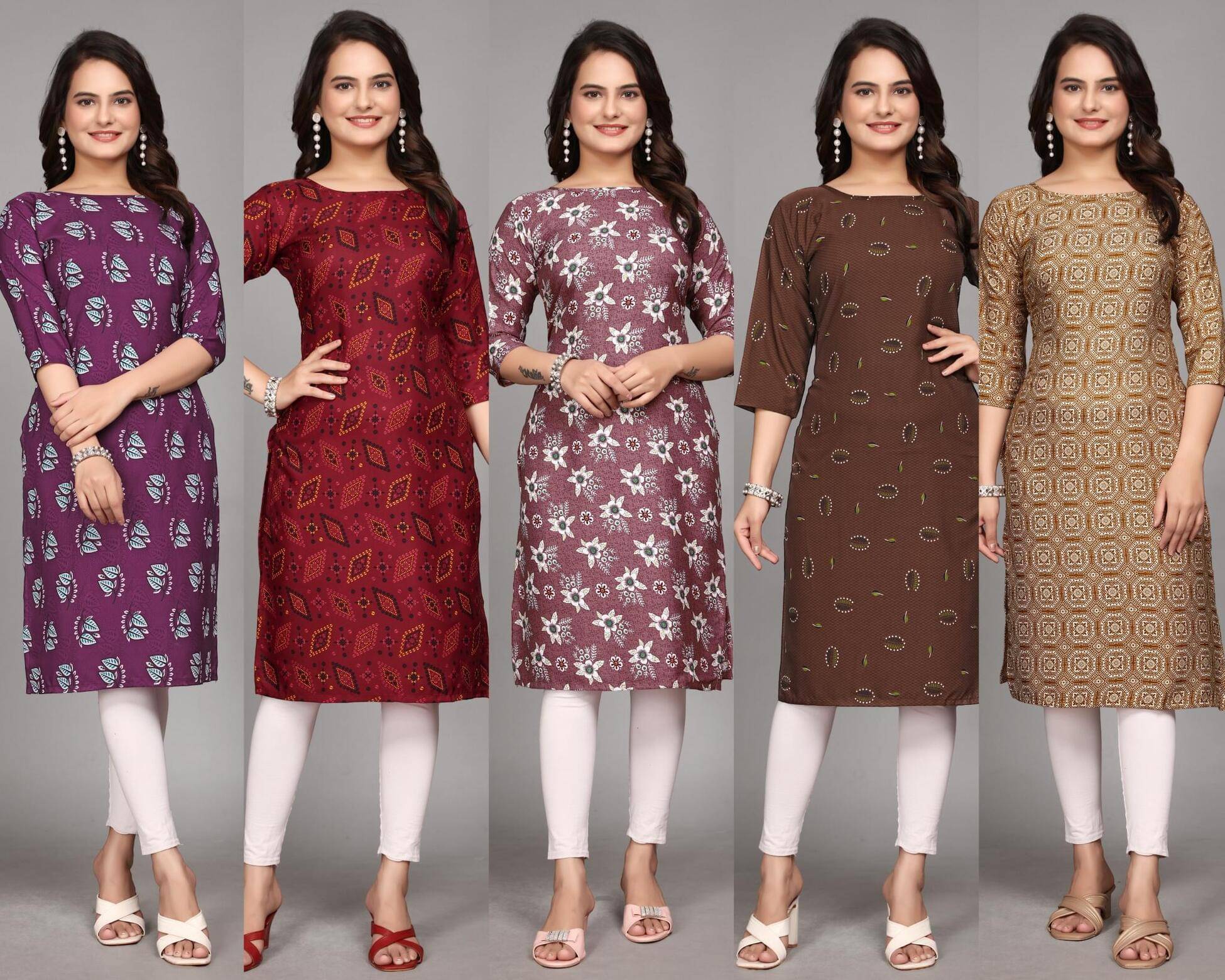 KALAVRITTA Pack of 5 Crepe Printed Straight Women's Kurti - ( Multicoloured ) KALAVRITTA Pack of 5 Crepe Printed Straight Women's Kurti - ( Multicoloured )