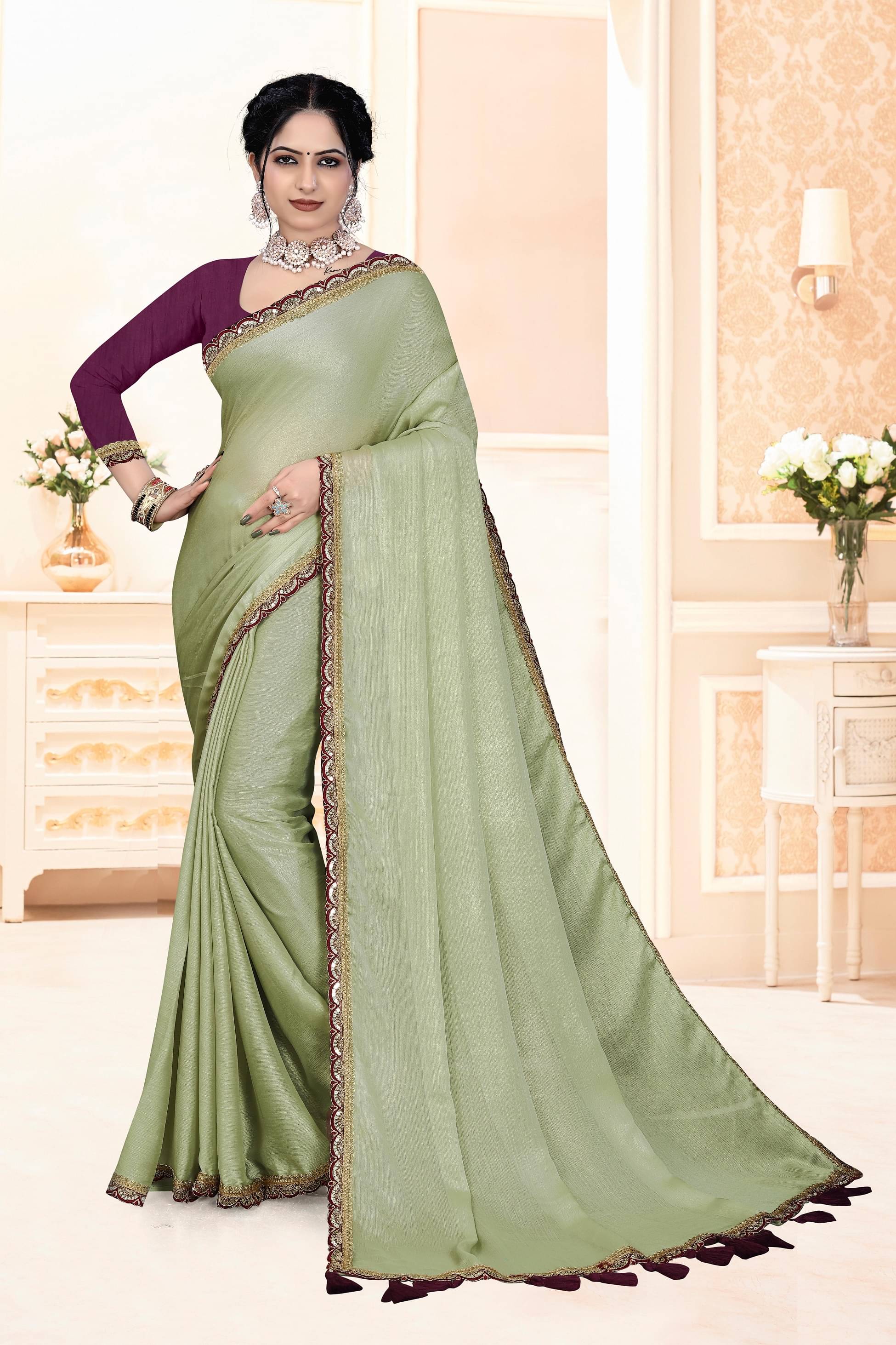 Kalpana Creation Chiffon Solid Saree With Unstitched Blouse Piece ( LightGreen ) Kalpana Creation Chiffon Solid Saree With Unstitched Blouse Piece ( LightGreen )