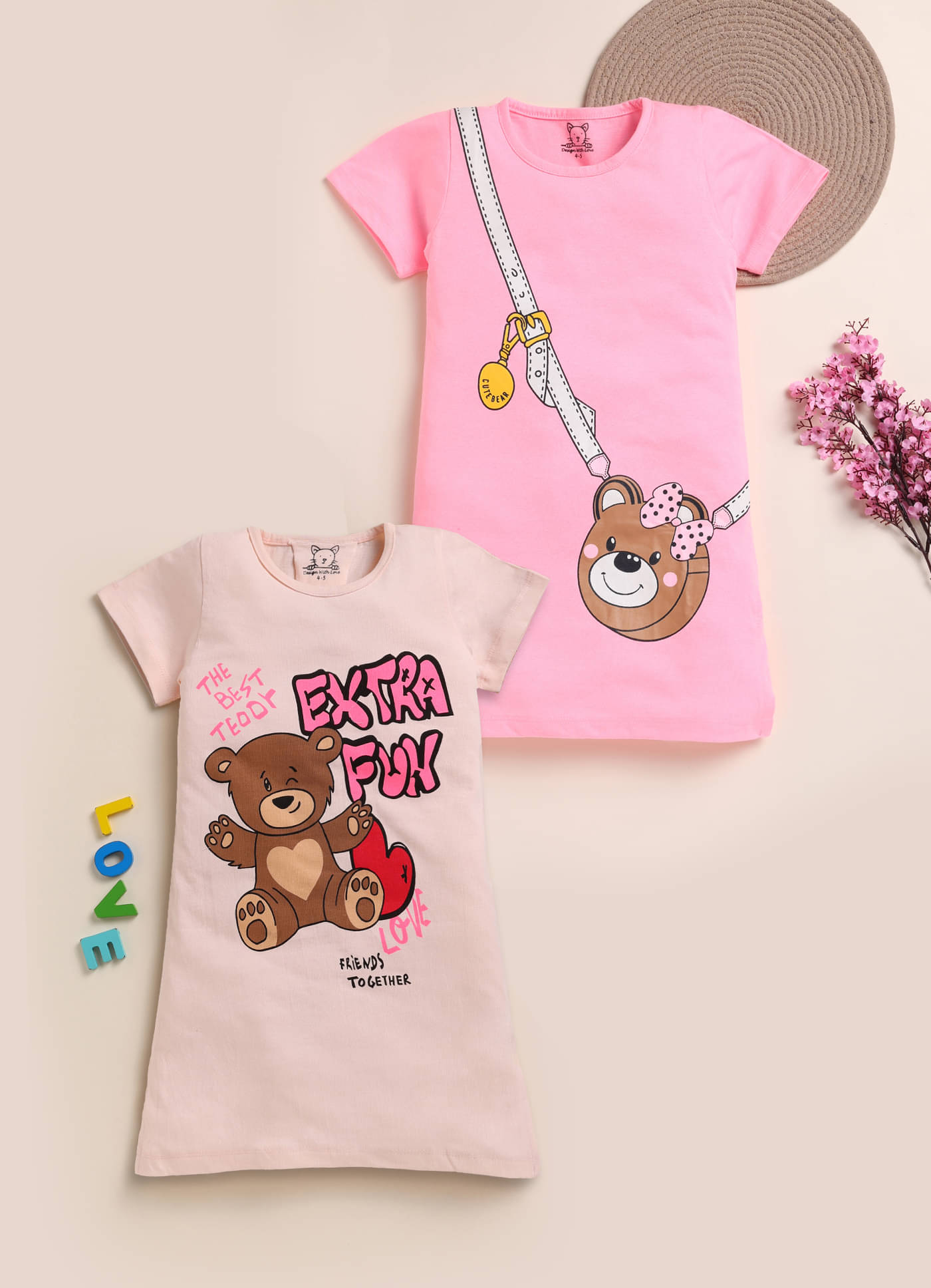 Lazy Shark Cotton Blend Dress For Girls ( Pack of 2 , Peach ) Lazy Shark Cotton Blend Dress For Girls ( Pack of 2 , Peach )