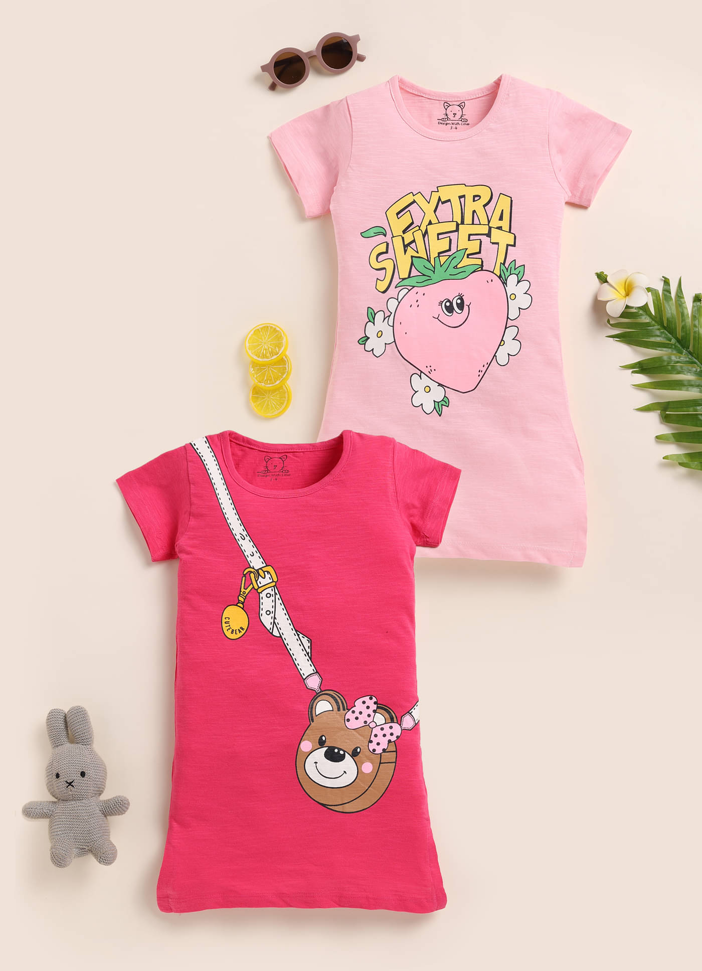     			Lazy Shark Cotton Blend Dress For Girls ( Pack of 2 , Magenta )