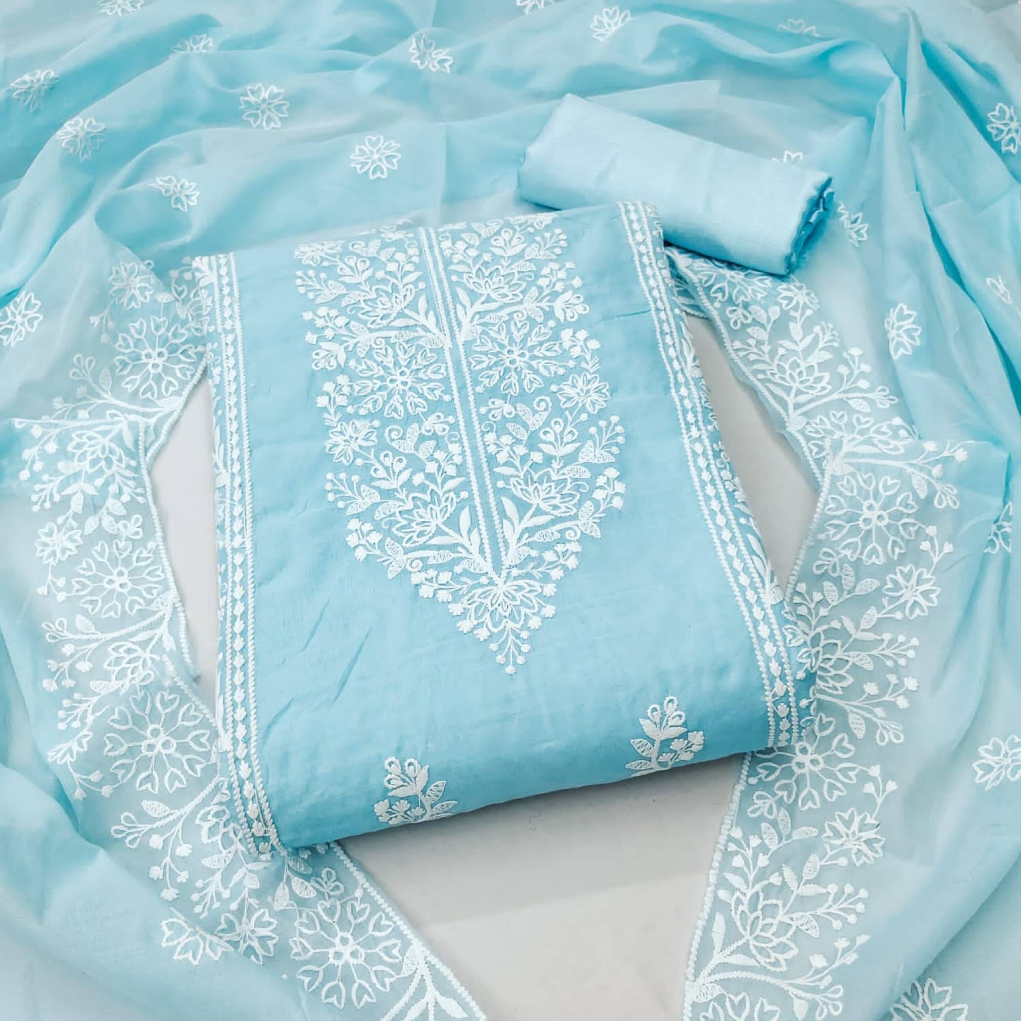 Nayanthara Trends Unstitched Chanderi Embroidered Dress Material - Blue ( Pack of 1 ) Nayanthara Trends Unstitched Chanderi Embroidered Dress Material - Blue ( Pack of 1 )