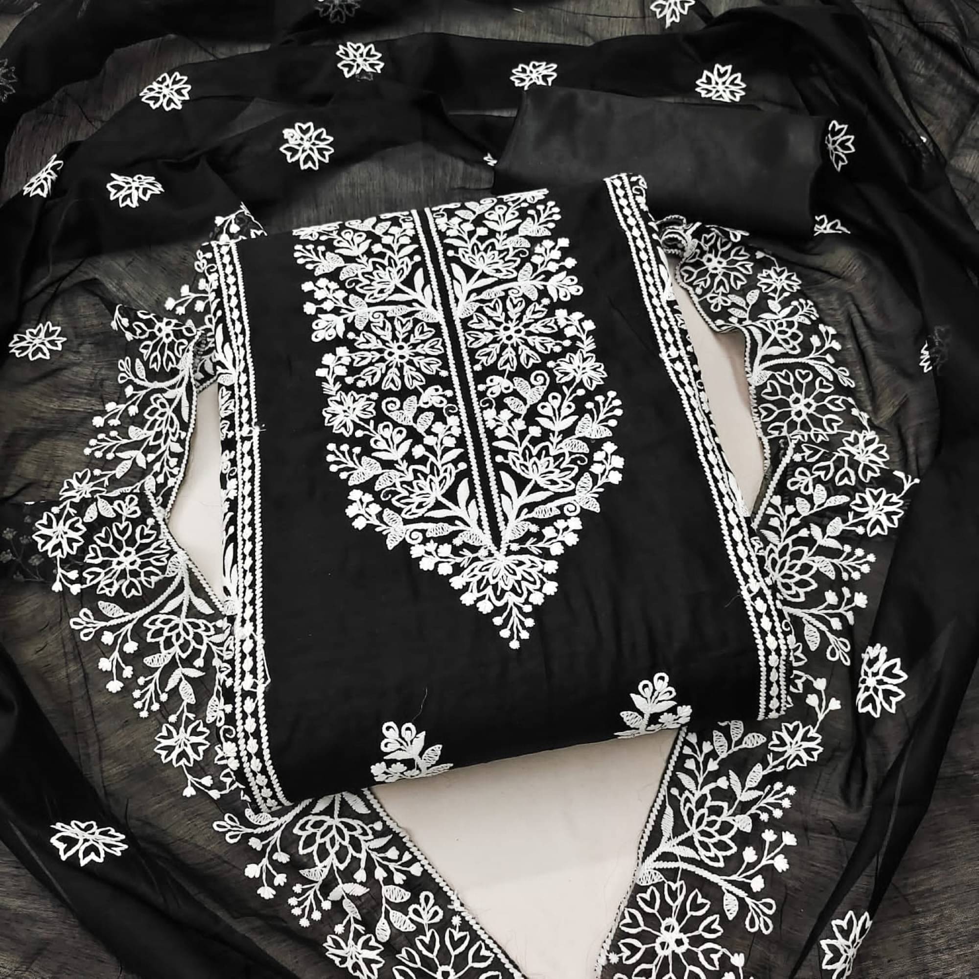 Nayanthara Trends Unstitched Chanderi Embroidered Dress Material - Black ( Pack of 1 ) Nayanthara Trends Unstitched Chanderi Embroidered Dress Material - Black ( Pack of 1 )