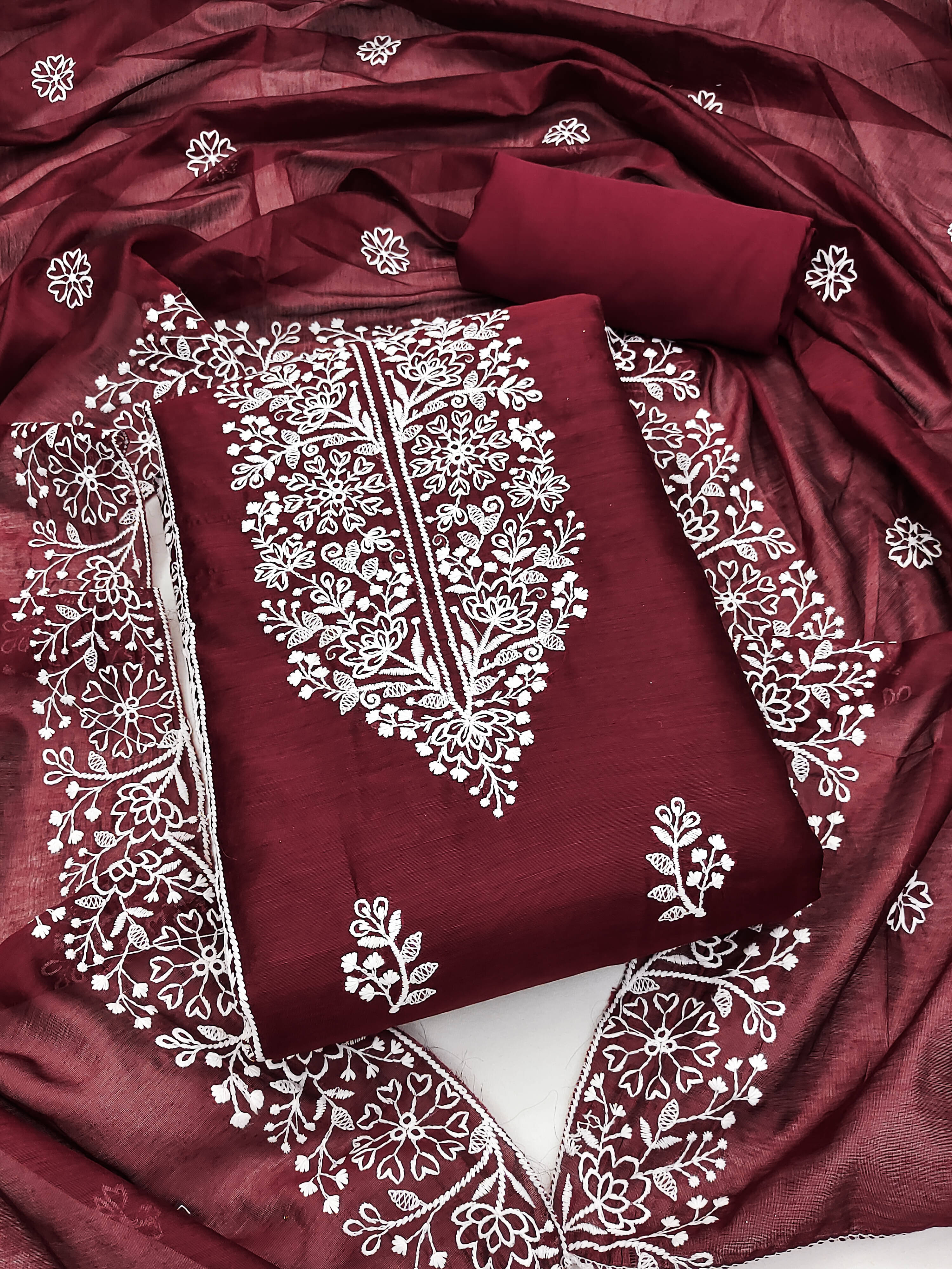     			Nayanthara Trends Unstitched Chanderi Embroidered Dress Material - Maroon ( Pack of 1 )