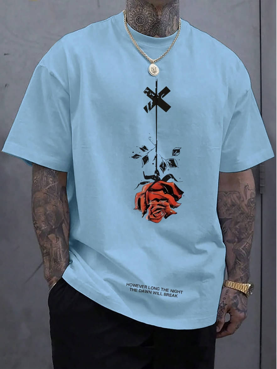     			Odoky Cotton Blend Oversized Fit Printed Half Sleeves Men's Round T-Shirt - Light Blue ( Pack of 1 )