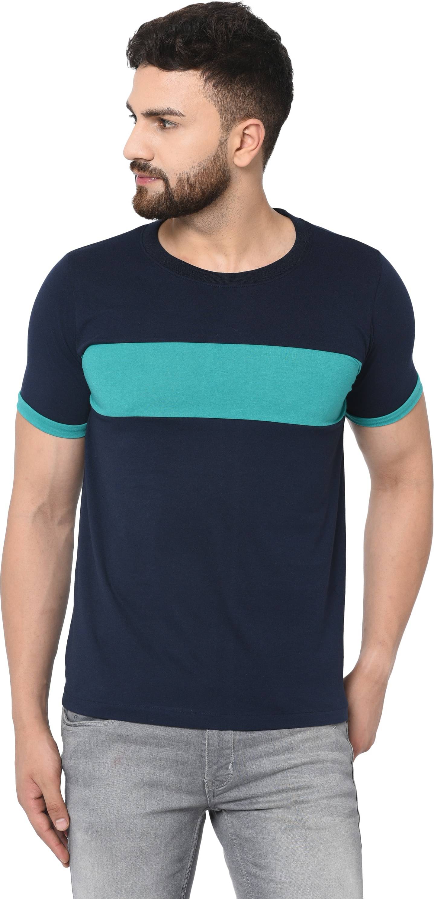 Odoky Cotton Blend Regular Fit Colorblock Half Sleeves Men's Round T-Shirt - Navy Blue ( Pack of 1 )     			Odoky Cotton Blend Regular Fit Colorblock Half Sleeves Men's Round T-Shirt - Navy Blue ( Pack of 1 )