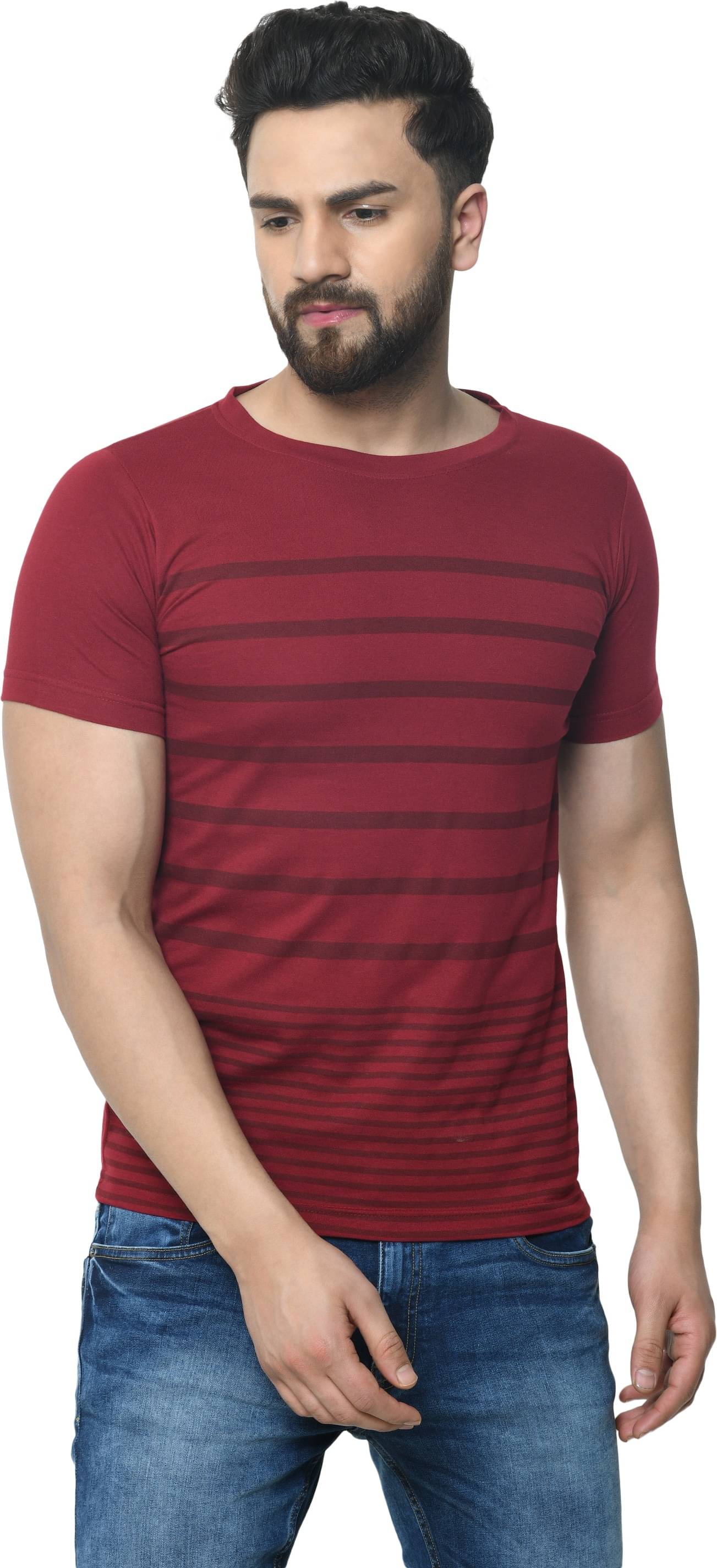 Odoky Cotton Blend Regular Fit Striped Half Sleeves Men's Round T-Shirt - Maroon ( Pack of 1 ) Odoky Cotton Blend Regular Fit Striped Half Sleeves Men's Round T-Shirt - Maroon ( Pack of 1 )
