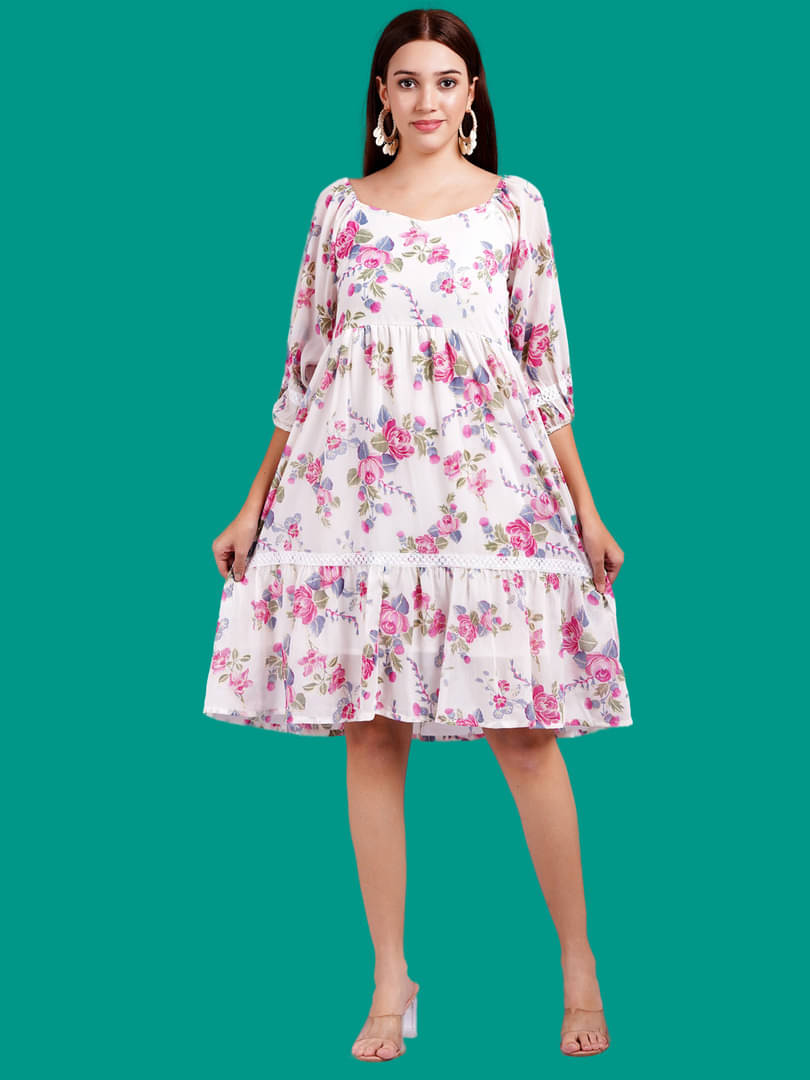     			Oh Mi Dios Women Chiffon Printed Empire Dress ( Pink )