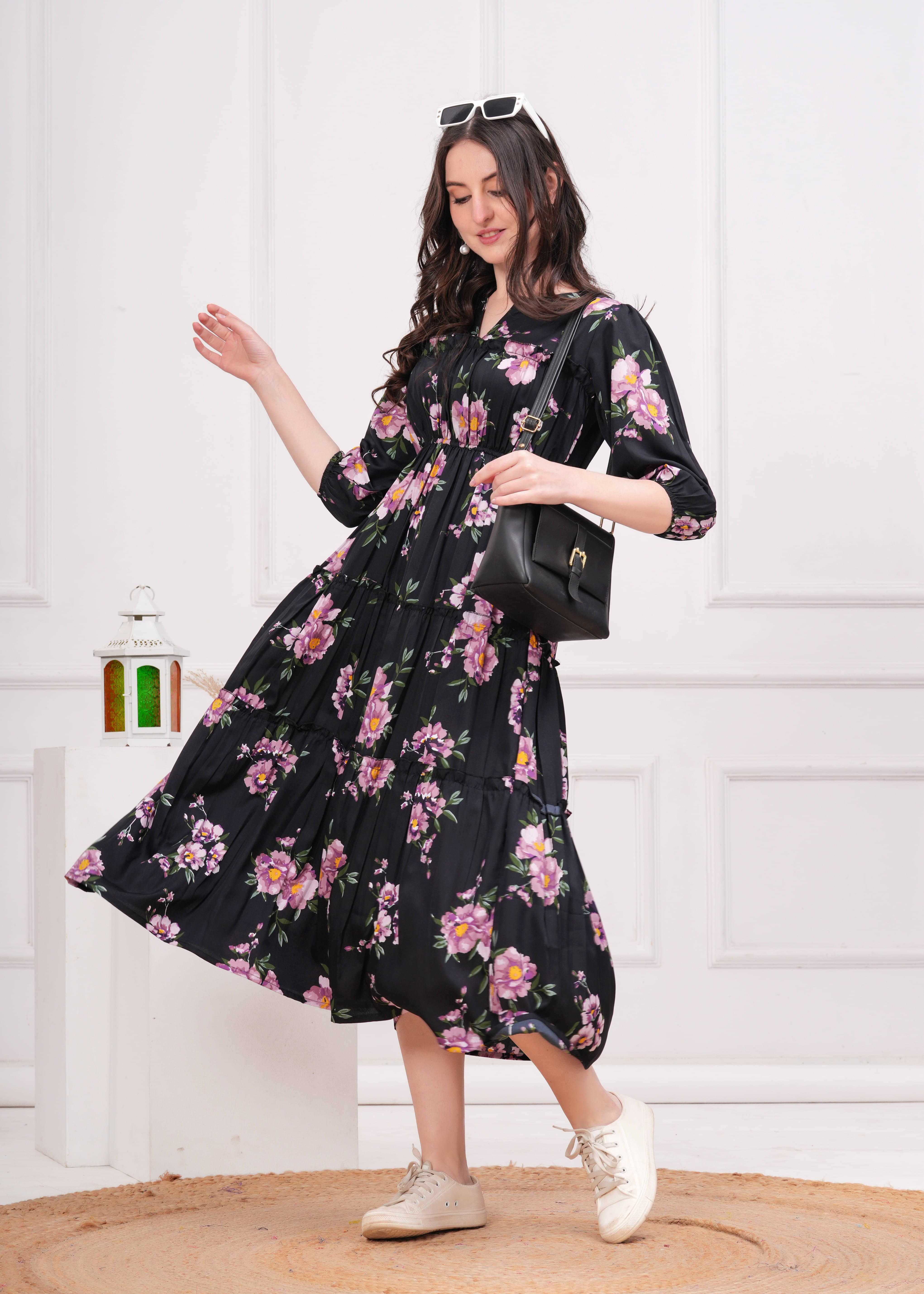 Oh Mi Dios Women Crepe Printed Fit & Flare Dress ( Black ) Oh Mi Dios Women Crepe Printed Fit & Flare Dress ( Black )