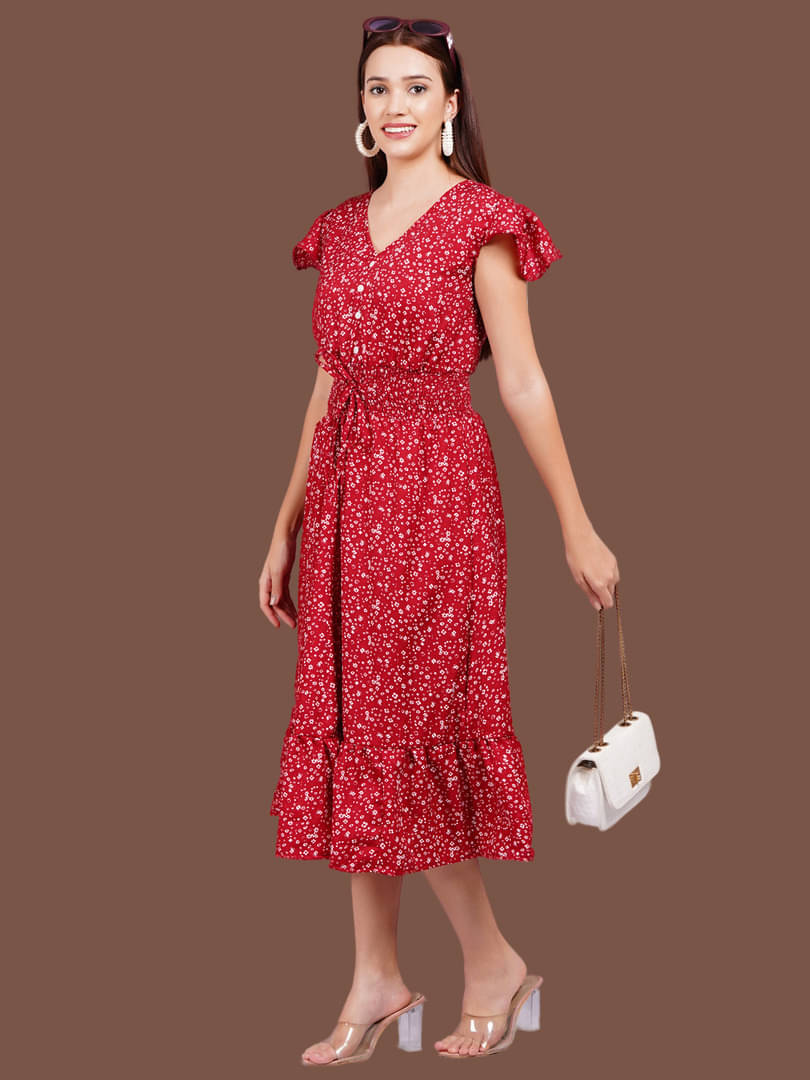Oh Mi Dios Women Crepe Printed Fit & Flare Dress ( Red ) Oh Mi Dios Women Crepe Printed Fit & Flare Dress ( Red )