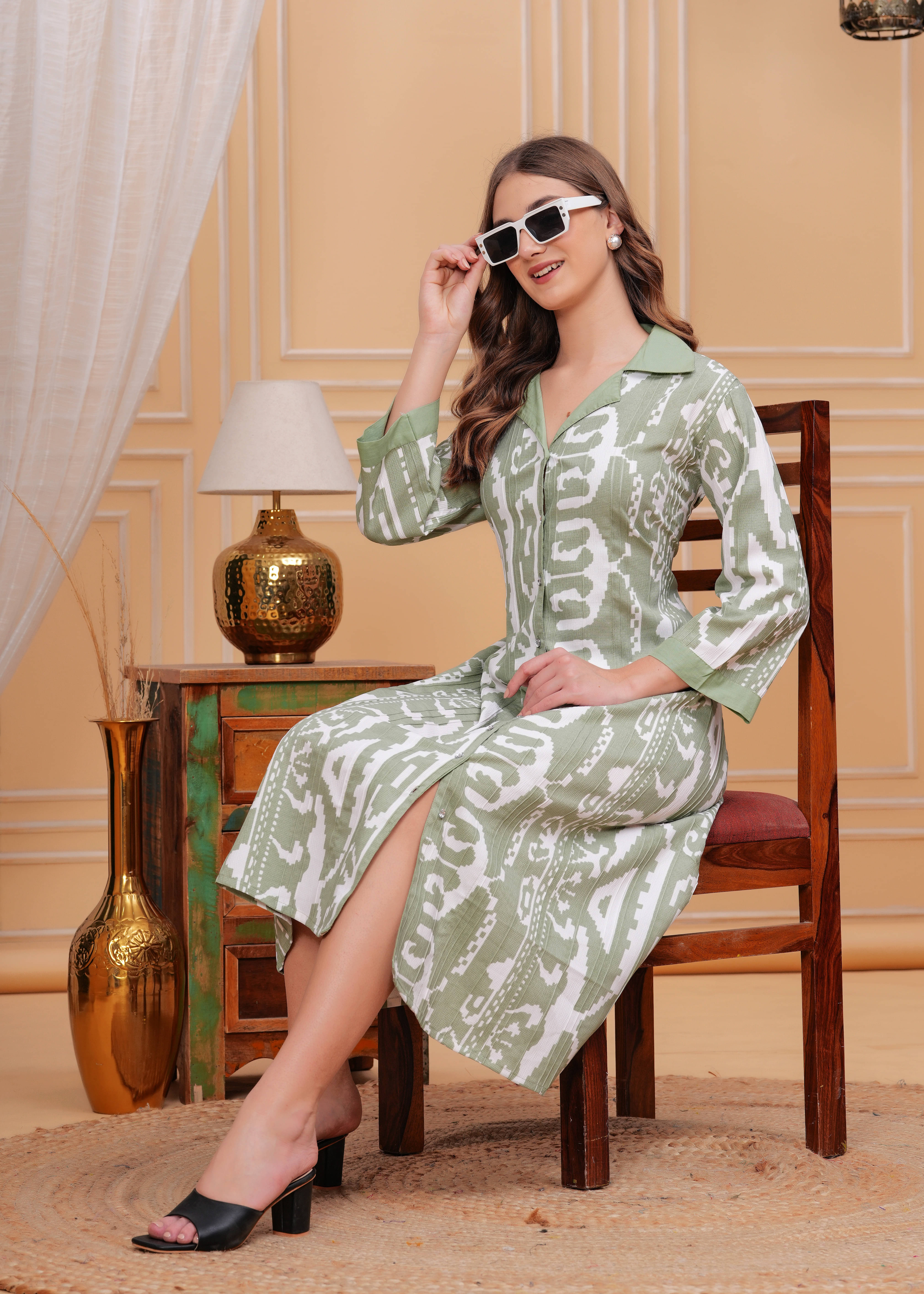     			Oh Mi Dios Women Crepe Printed A-line Dress ( Green )