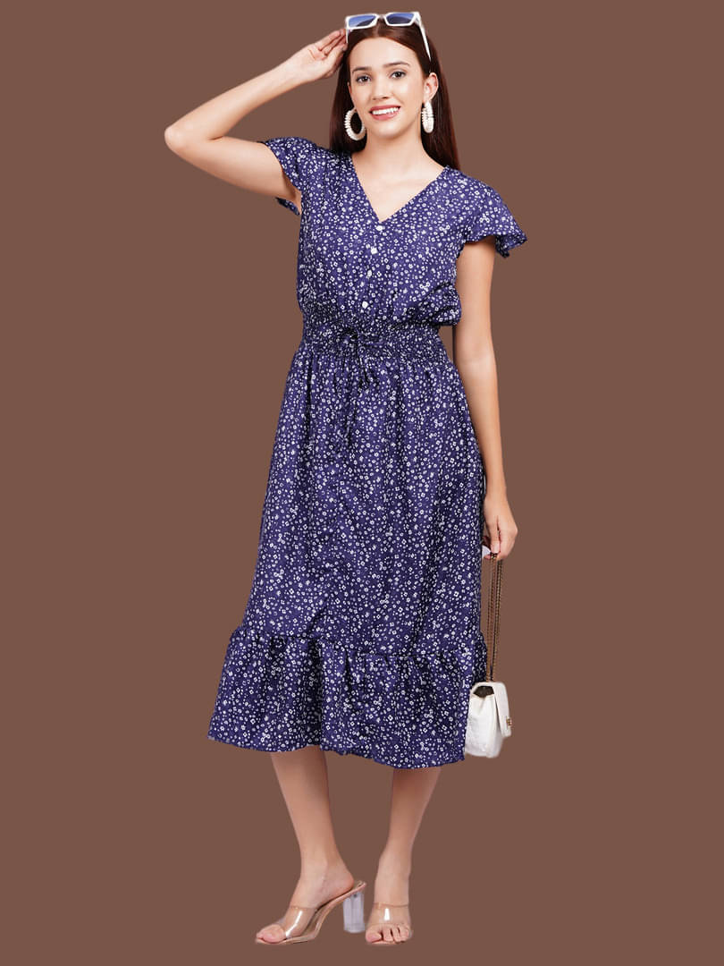 Oh Mi Dios Women Crepe Printed Fit & Flare Dress ( Blue ) Oh Mi Dios Women Crepe Printed Fit & Flare Dress ( Blue )