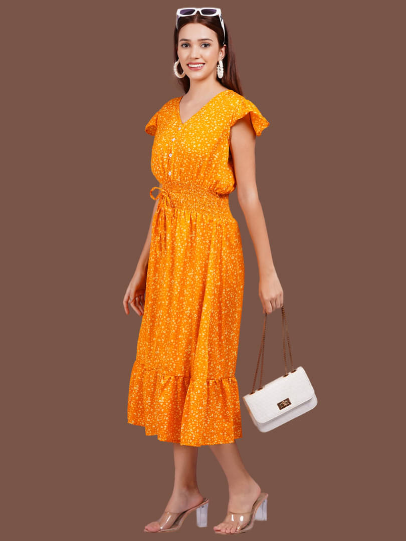     			Oh Mi Dios Women Crepe Printed Fit & Flare Dress ( Yellow )