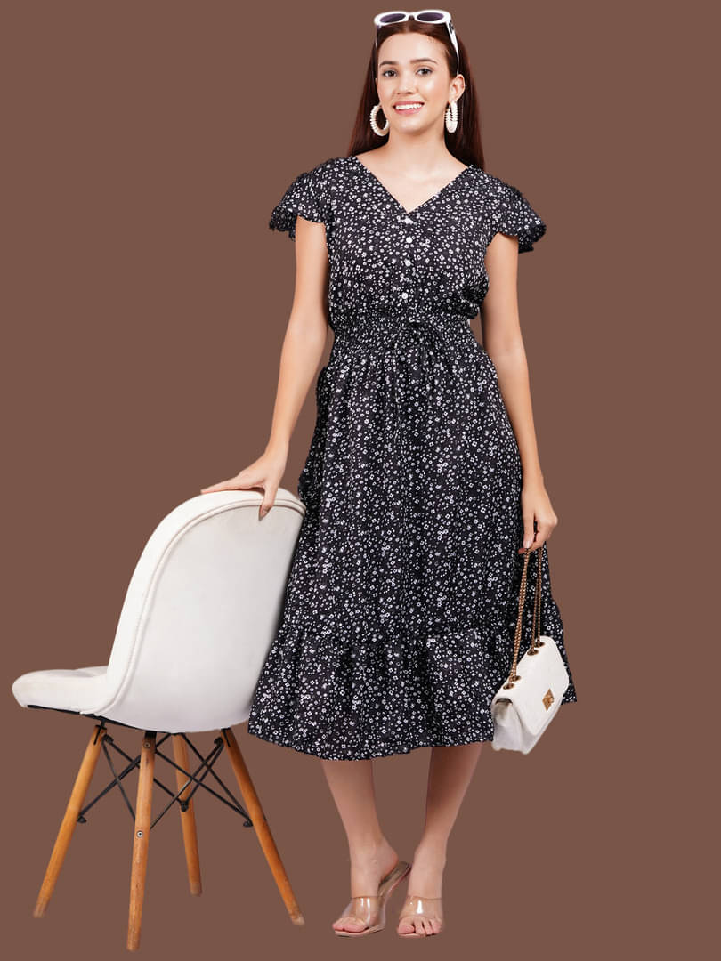 Oh Mi Dios Women Crepe Printed Fit & Flare Dress ( Black ) Oh Mi Dios Women Crepe Printed Fit & Flare Dress ( Black )