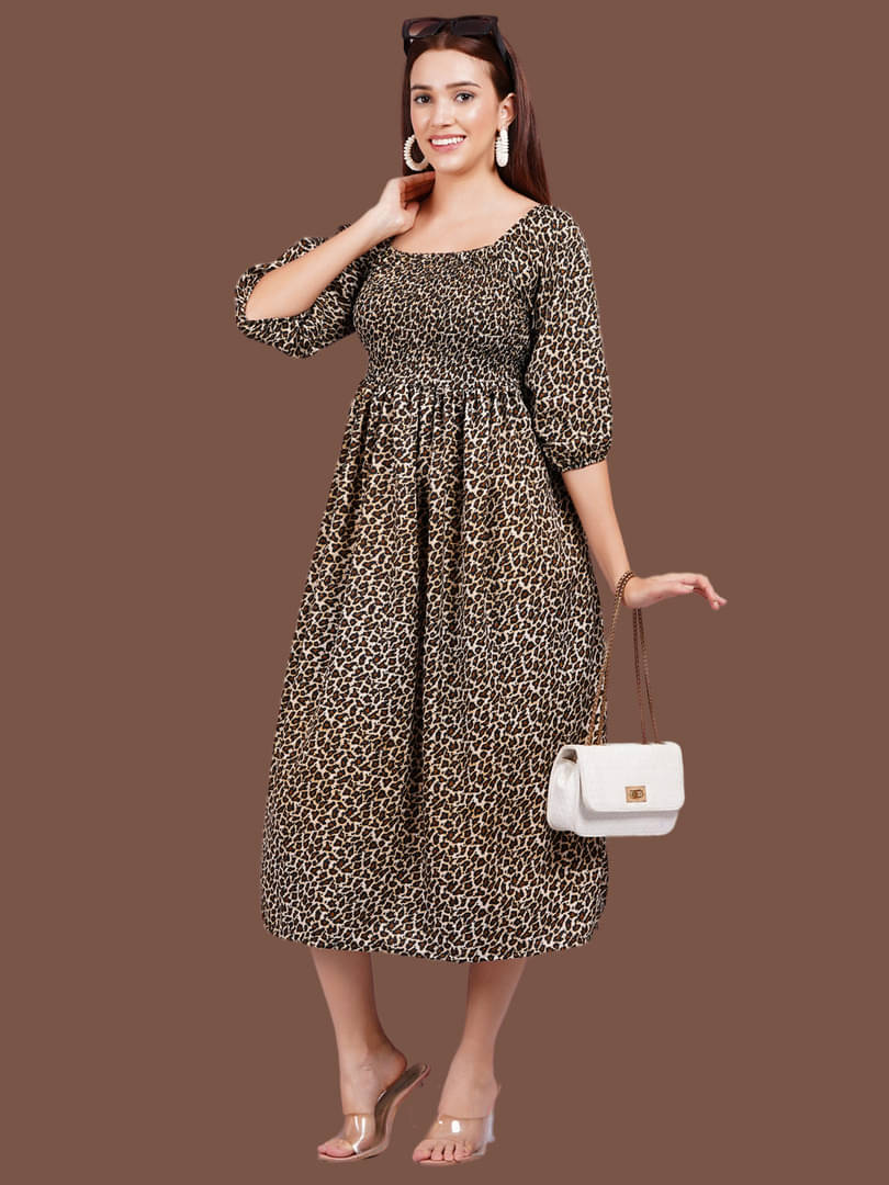 Oh Mi Dios Women Crepe Printed Fit & Flare Dress ( Brown ) Oh Mi Dios Women Crepe Printed Fit & Flare Dress ( Brown )