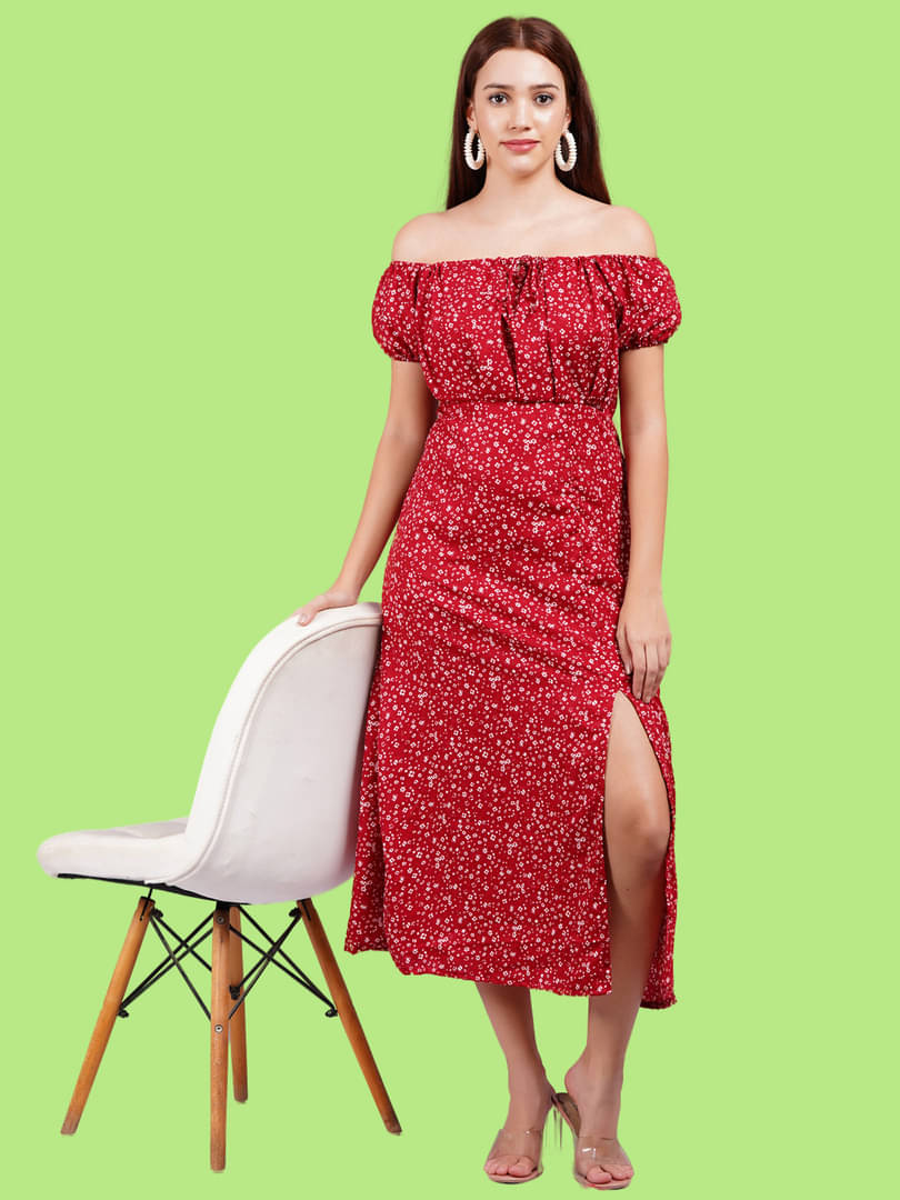     			Oh Mi Dios Women Crepe Printed Fit & Flare Dress ( Red )