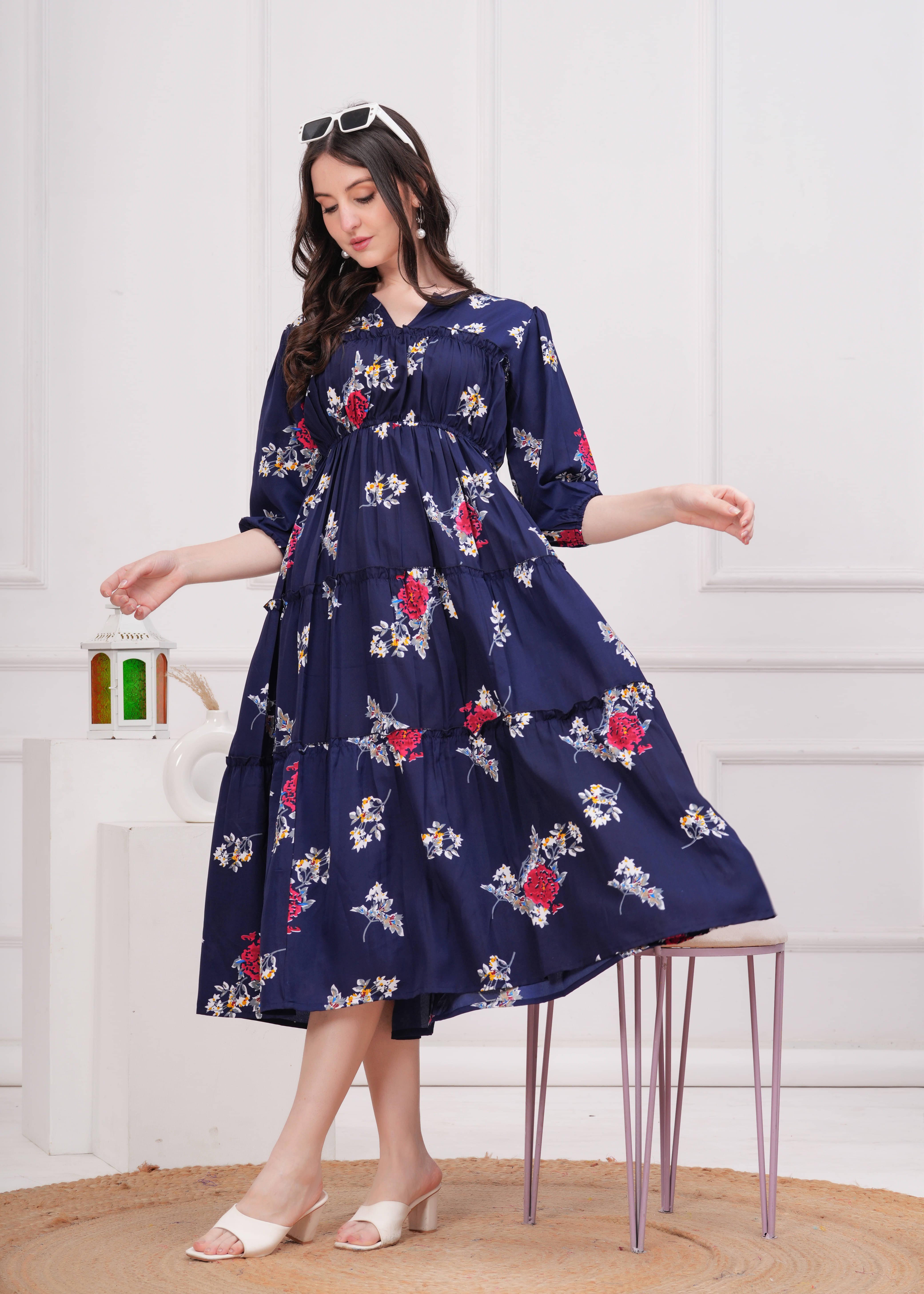 Oh Mi Dios Crepe Printed Calf-Length Women's Fit & Flare Dress - Navy ( Pack of 1 ) Oh Mi Dios Crepe Printed Calf-Length Women's Fit & Flare Dress - Navy ( Pack of 1 )