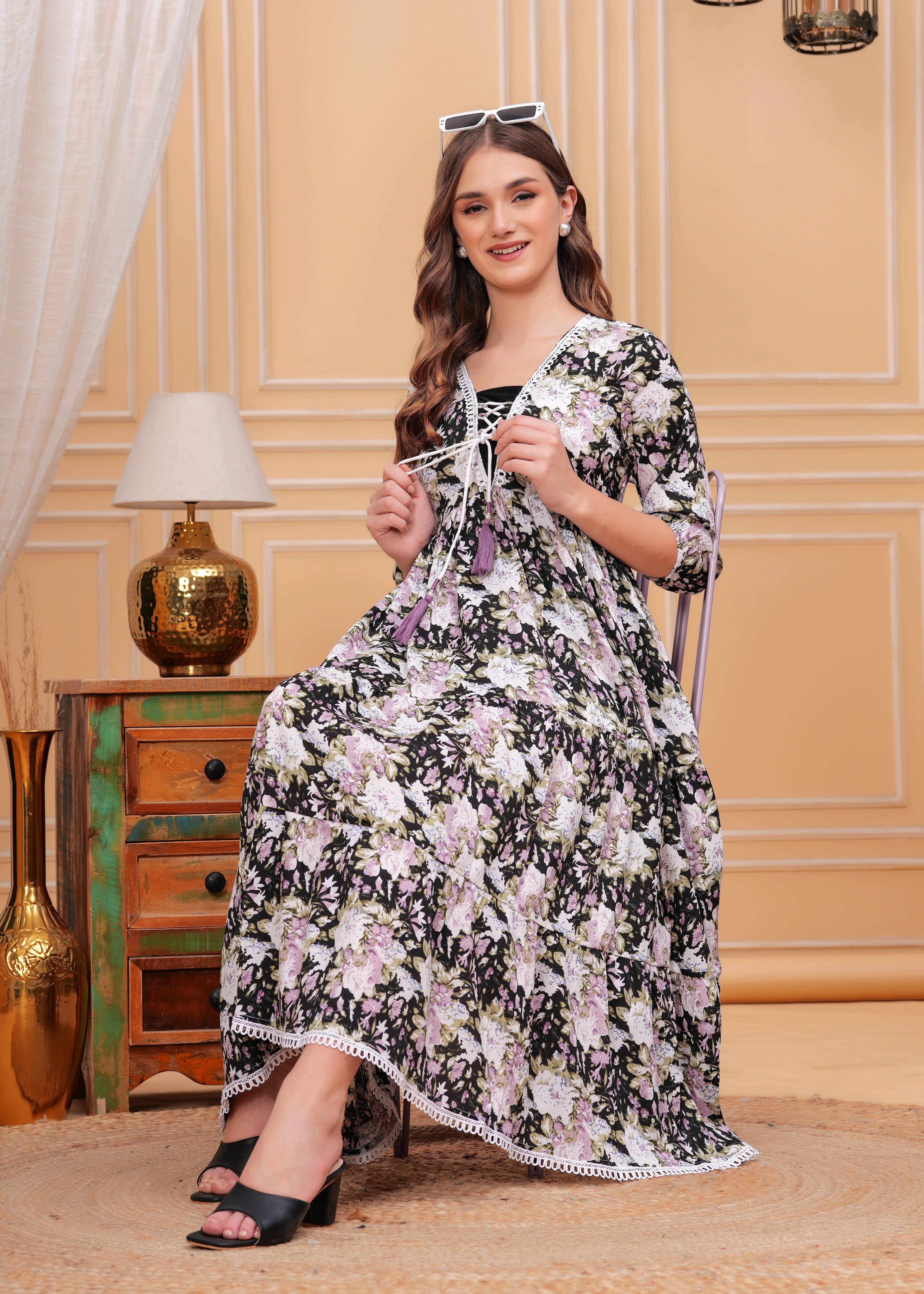    			Oh Mi Dios Women Crepe Printed Fit & Flare Dress ( Black )
