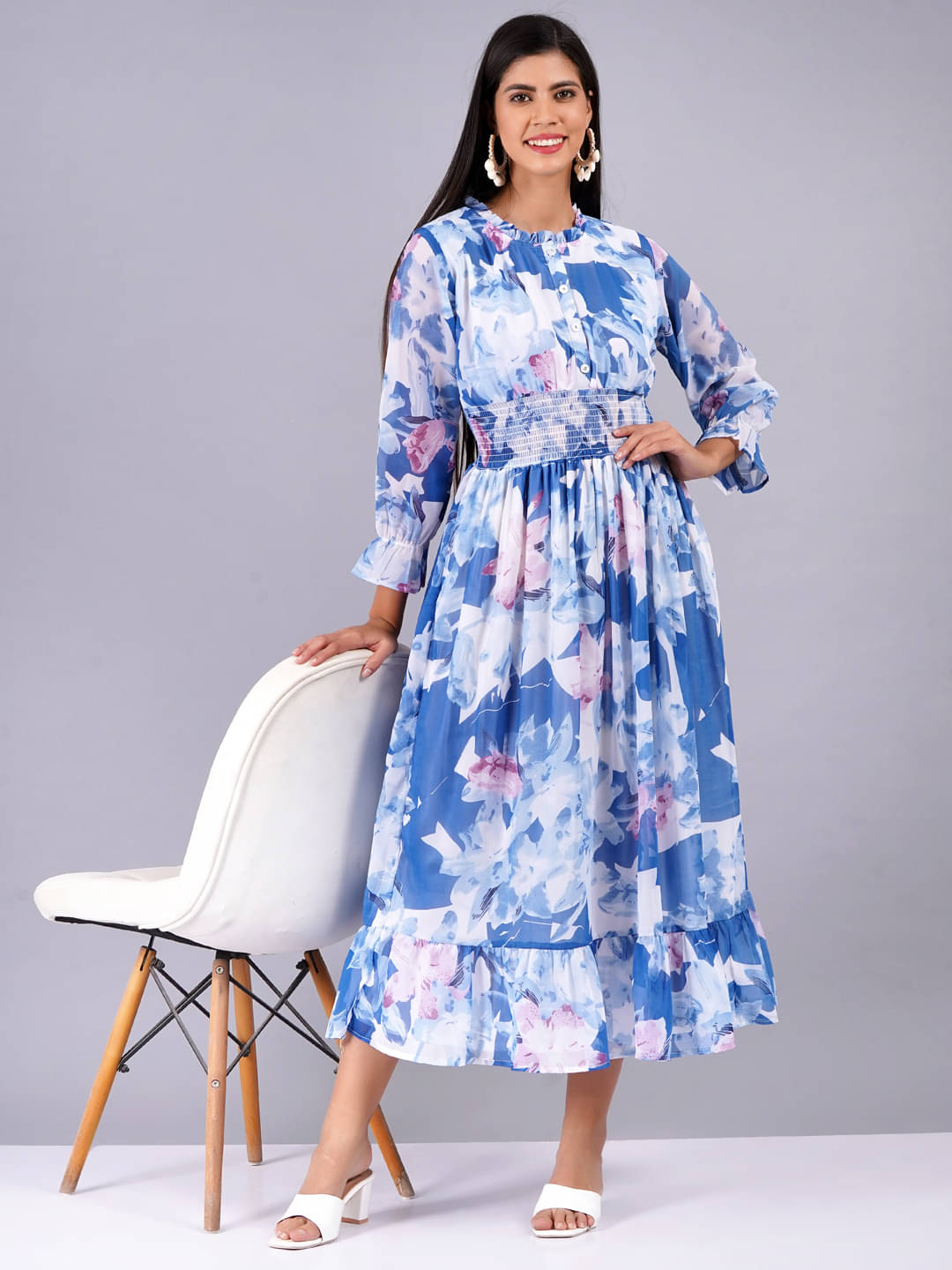 Oh Mi Dios Georgette Dyed Calf-Length Women's Empire Dress - Blue ( Pack of 1 )     			Oh Mi Dios Georgette Dyed Calf-Length Women's Empire Dress - Blue ( Pack of 1 )