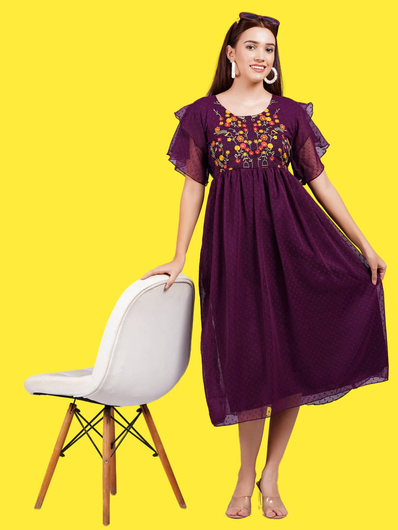     			Oh Mi Dios Women Georgette Embroidered Fit & Flare Dress ( Red )