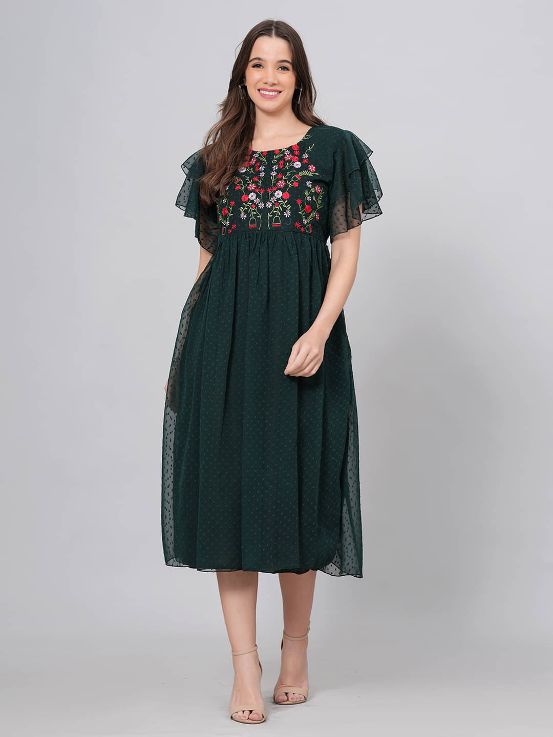     			Oh Mi Dios Women Georgette Embroidered Fit & Flare Dress ( Green )