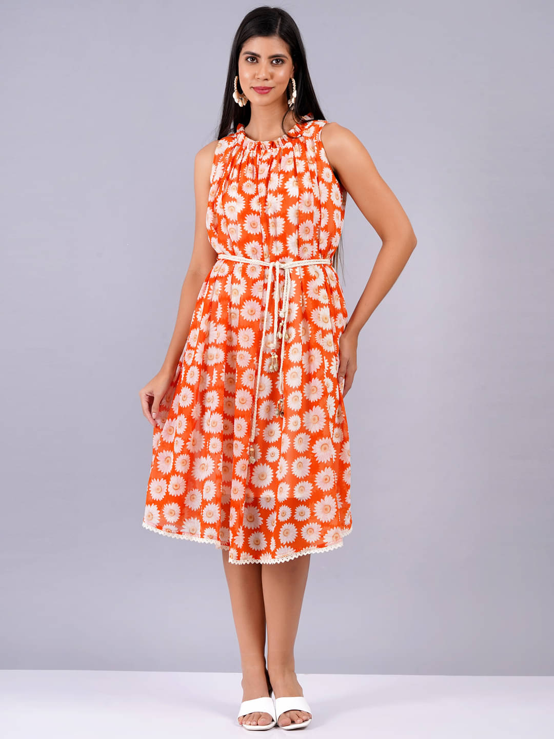 Oh Mi Dios Georgette Printed Knee Length Women's Fit & Flare Dress - Orange ( Pack of 1 ) Oh Mi Dios Georgette Printed Knee Length Women's Fit & Flare Dress - Orange ( Pack of 1 )