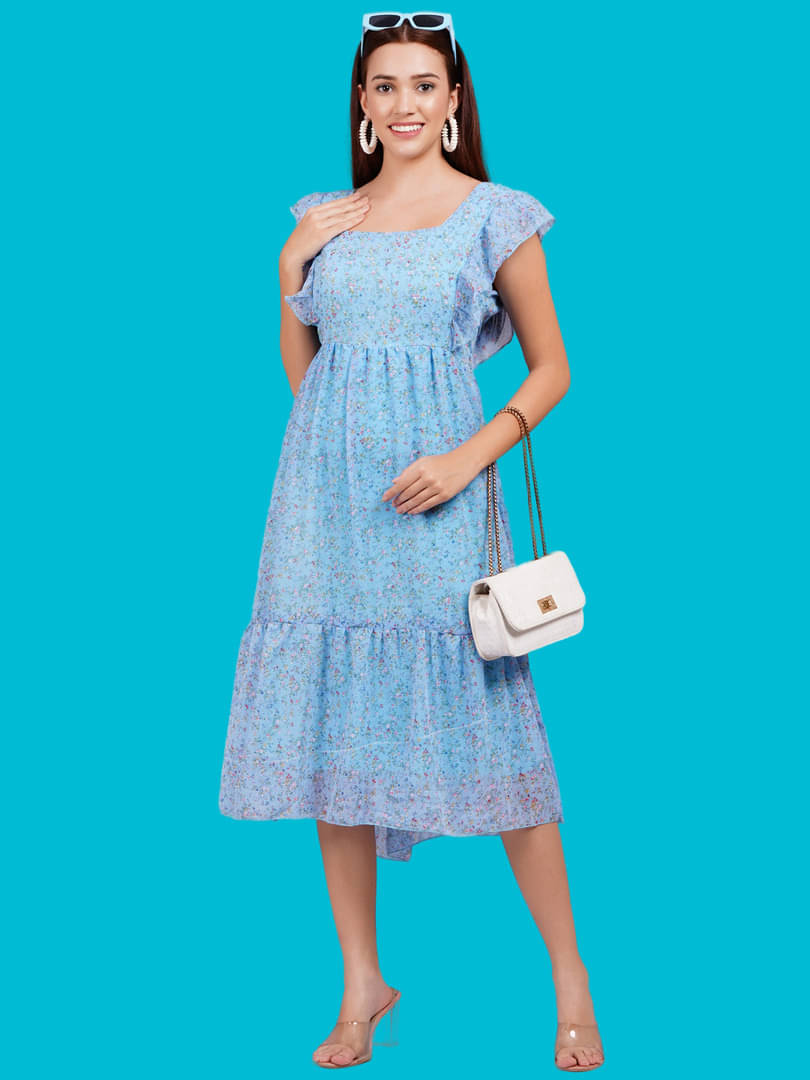     			Oh Mi Dios Women Georgette Printed Fit & Flare Dress ( Blue )