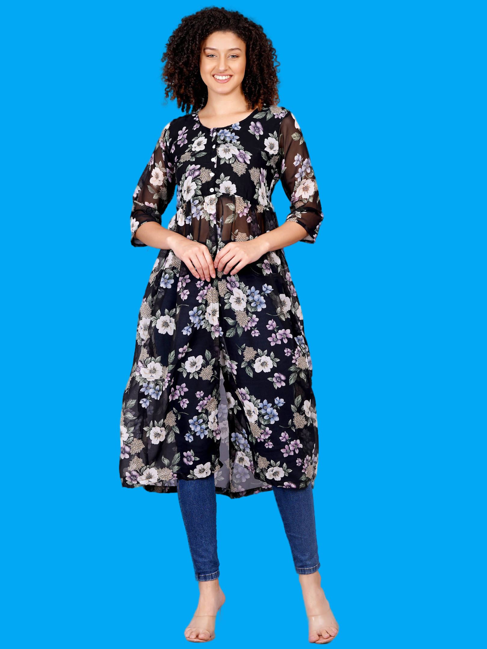     			Oh Mi Dios Women Georgette Printed Fit & Flare Dress ( Black )