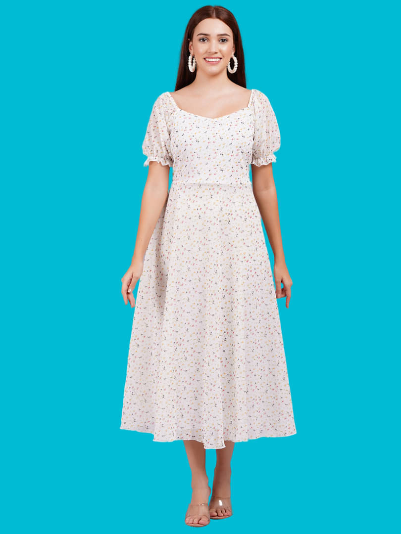     			Oh Mi Dios Women Georgette Printed Fit & Flare Dress ( White )