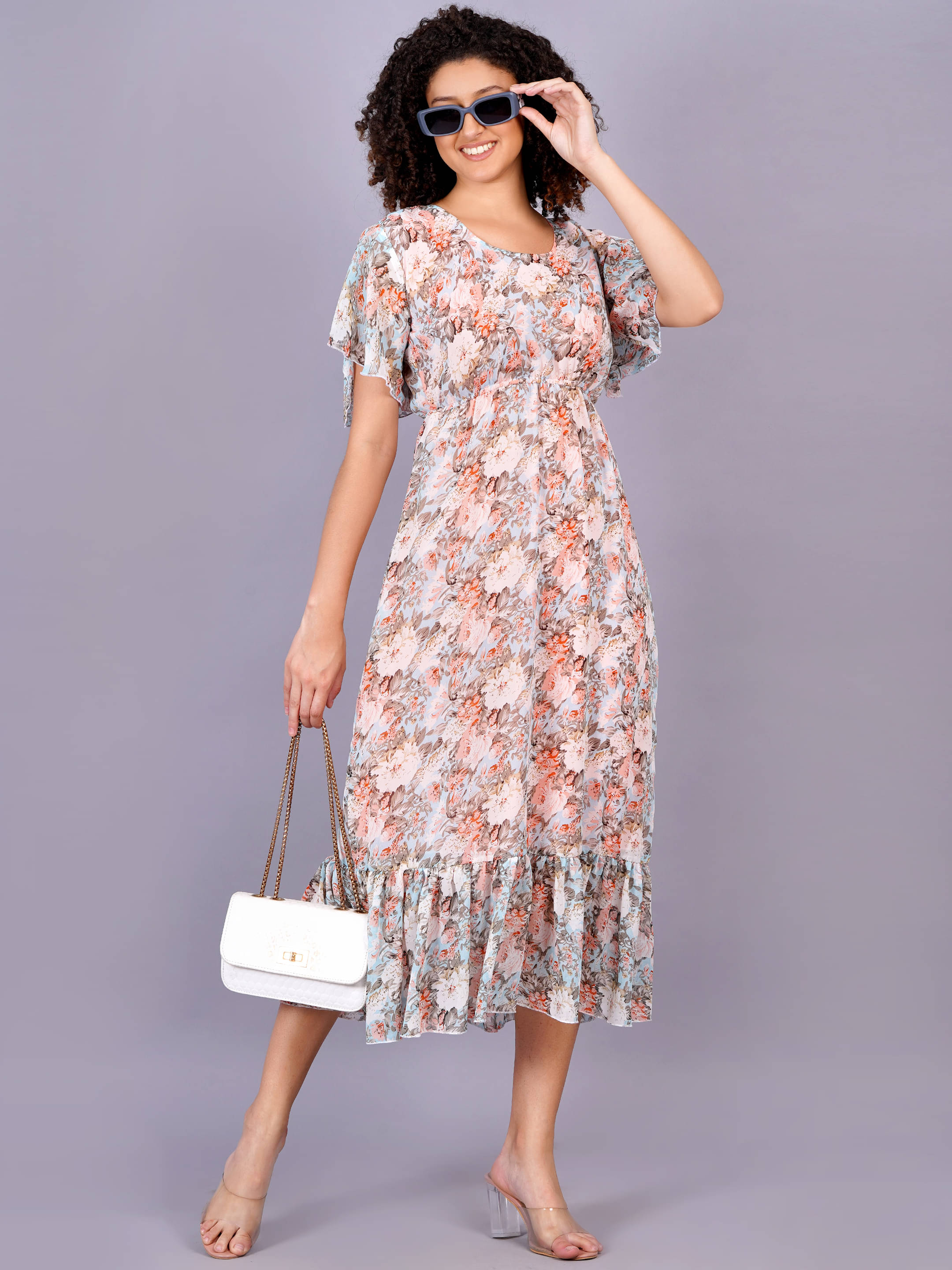     			Oh Mi Dios Women Georgette Printed Fit & Flare Dress ( Peach )